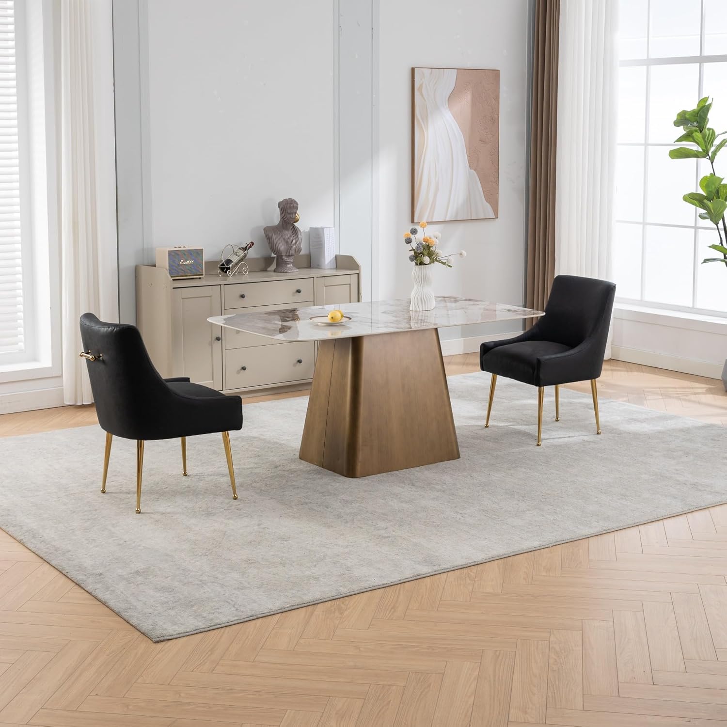 Dining Room Chair Faux Leather Vanity Chairs Set of 2 Mid-Century with Metal Legs Upholstered PU Leather Luxury Accent Chairs Living Room Restaurant(Black)