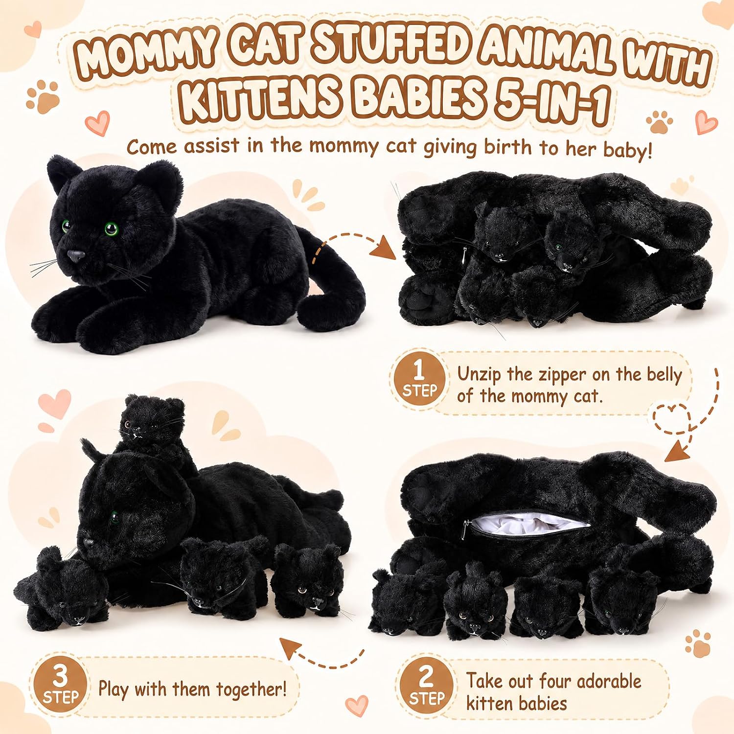 Skylety 5 Pieces Cat Stuffed Animal with Babies Inside,Glossy Black image 2