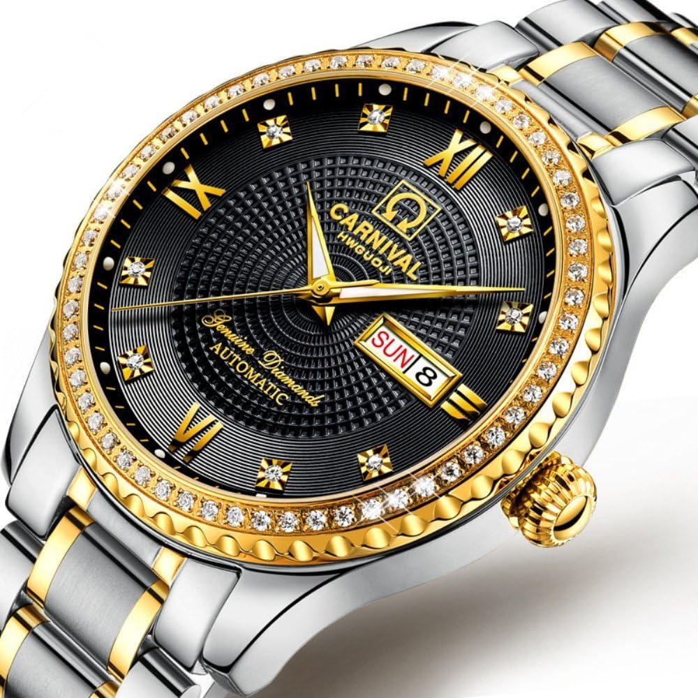 Gosasa Swiss Made Men Luxury Gold Watches,Automatic Analog Display Calendar Week Luminous Gold Stainless Diamond Watches Black