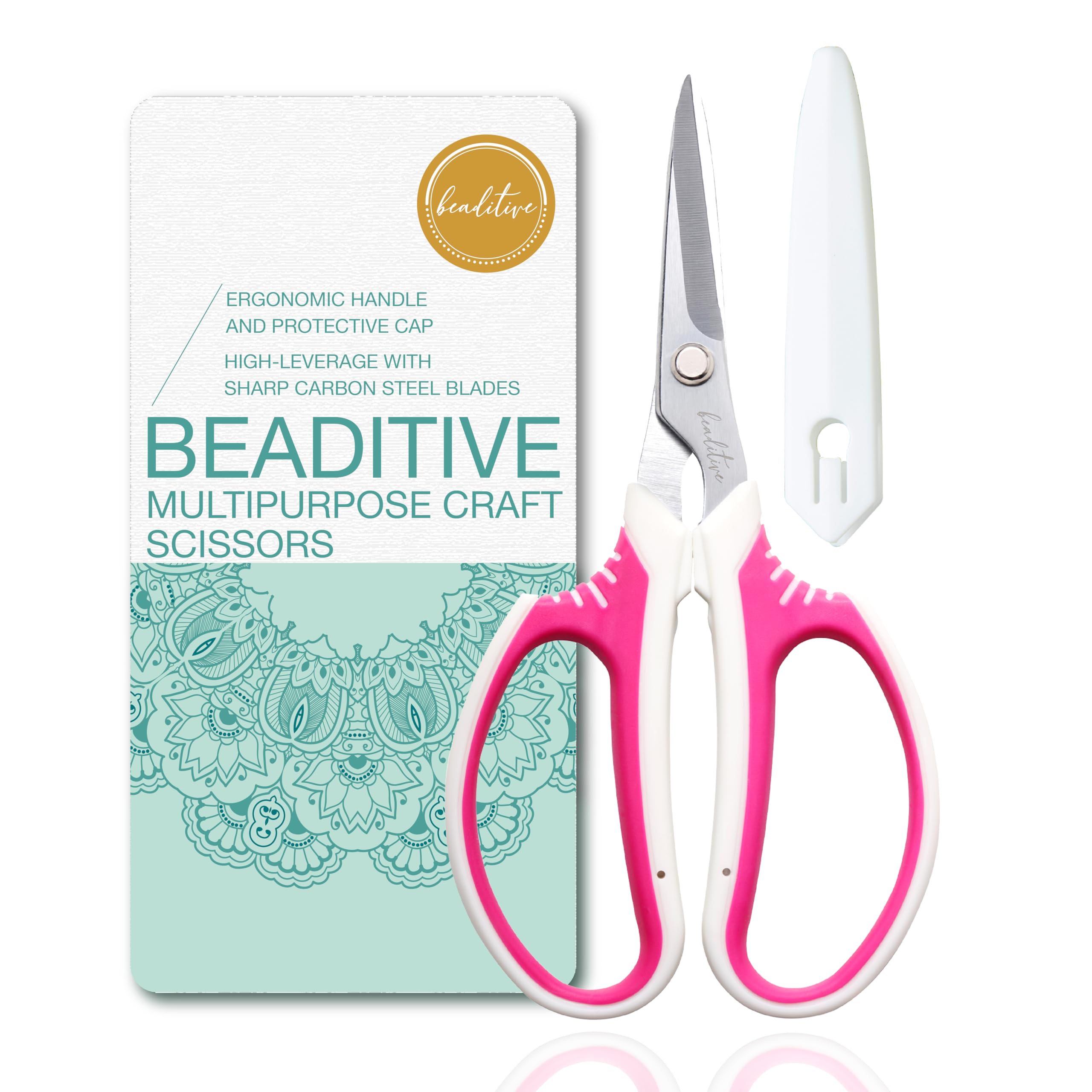 Beaditive Multipurpose Craft Scissors - High-Leverage With Sharp Carbon Steel Blades - Ergonomic for Heavy Duty Projects - Safe Office, Scrapbook, Leather Cutting