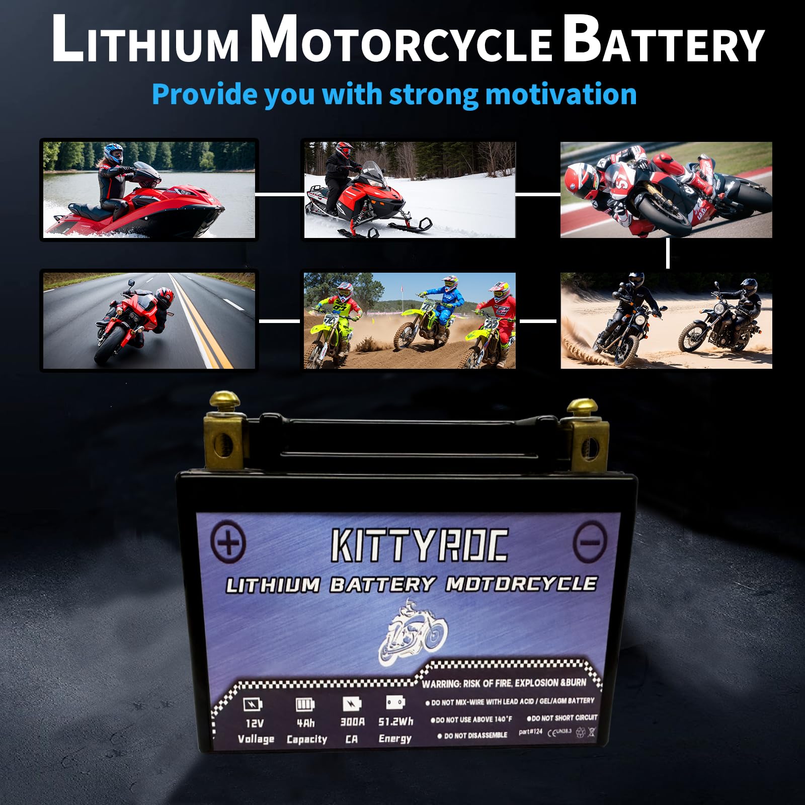 12V Lithium Moto Batteries 4Ah 300A, batterie LiFePO4 avec Smart BMS, Replacement ATV, UTV, Moto, Jet Ski, Snowmobile, 4 roues, Tracteur, Tondeuse à gazon,scooter, jet ski, Motoneige