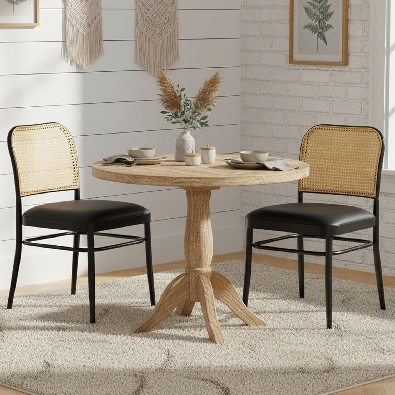 Rattan Dining Chairs Set of 4, Upholstered Faux Leather Dining Chairs with Cane Back, Mid Century Modern Kitchen & Dining Room Chairs, Boho Style, Black