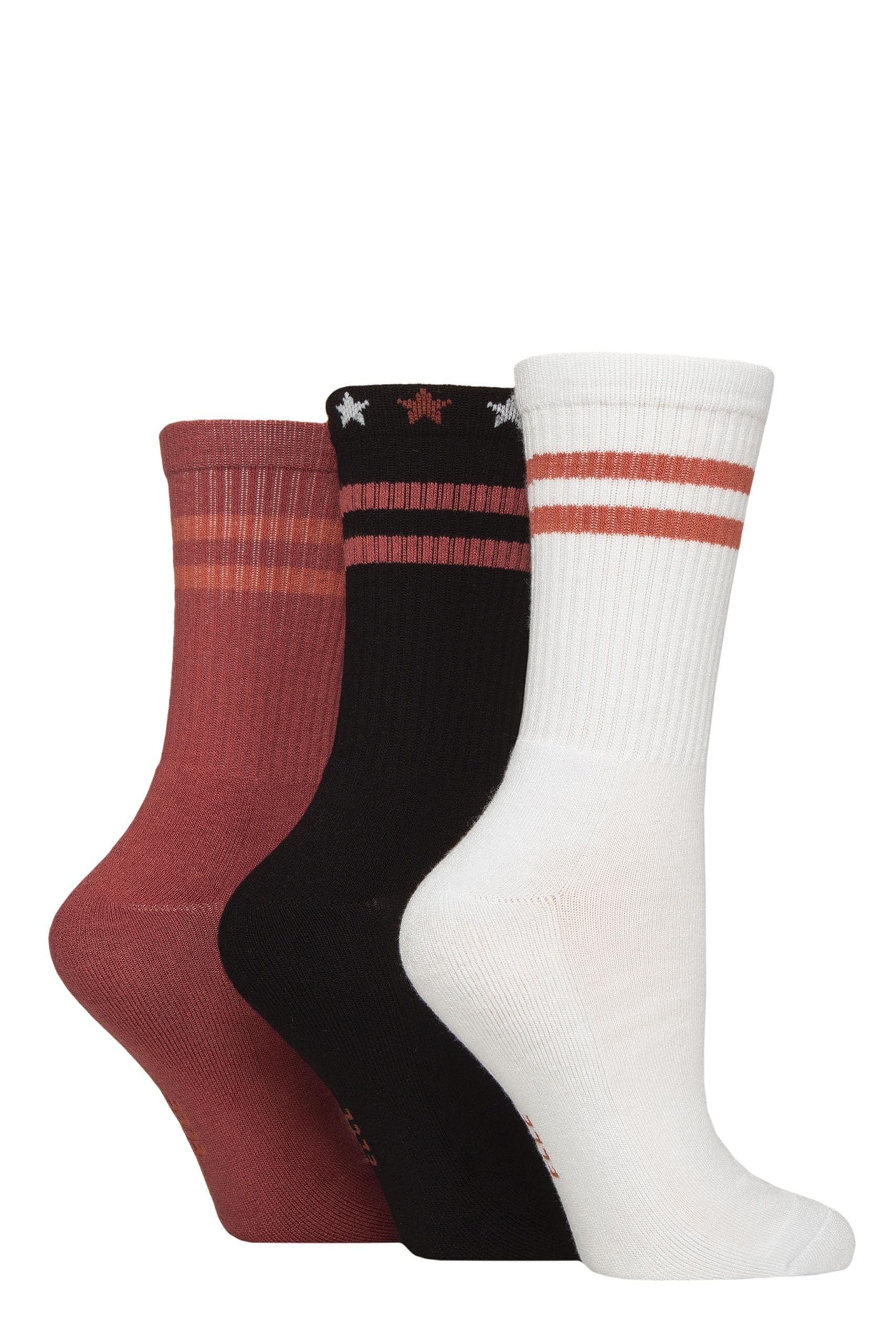 ELLE Women's Bamboo Sports Socks - Plain and Striped, Crew Socks, Half Cushion 3 Pair Multipack Sizes 4-8 (UK, Numeric, 4, 8, Regular, Regular, Wild Poppy Stripe)