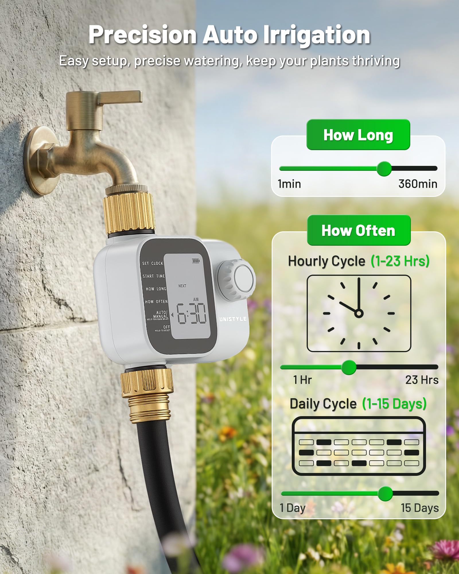 Unistyle Timer per irrigazione con ingressi in ottone, timer programmabile per acqua per tubo da giardino, timer impermeabile IP55 con timer di irrigazione manuale e automatico per cortile e prato
