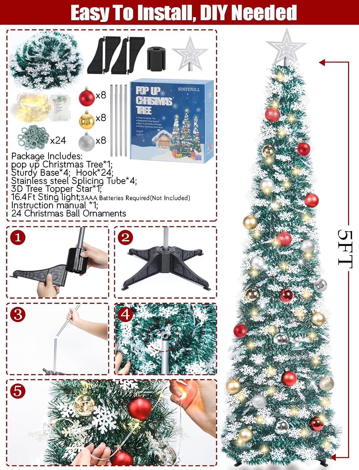 5 FT Pop Up Christmas Tree with Timer Lights and Decorations, Green Tinsel Artificial Christmas Tree with 24 Balls Ornaments, Collapsible Pencil Tree for Xmas Home Office Party Decor
