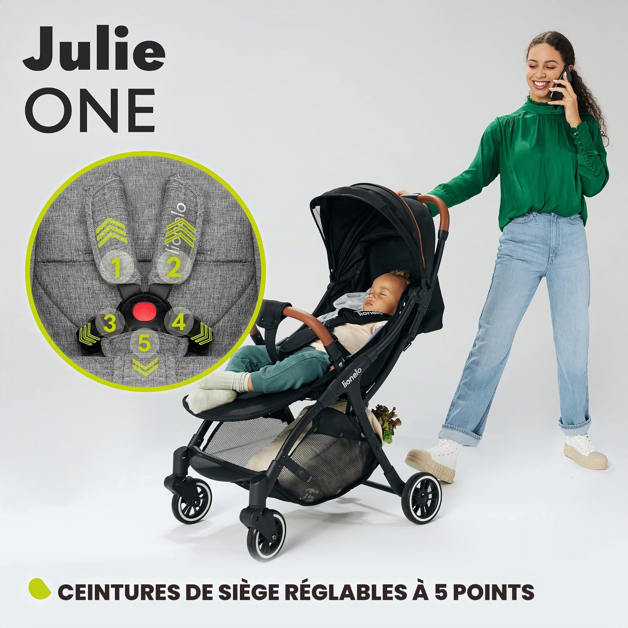 LIONELO Julie One Poussette légère pour nouveau-nés jusqu'à 22 kg Poussette compacte pliable réglable et inclinable Dossier ventilé Auvent étendu Chancelière Moustiquaire