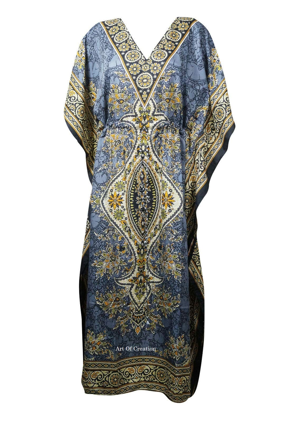 Art Of Creation Women Kaftan Dress Kimono Maxi Caftan Night Gown Pluse Size Caftan Dresses Beach Cover Up Top Printed Tunic Kaftans (Grey)