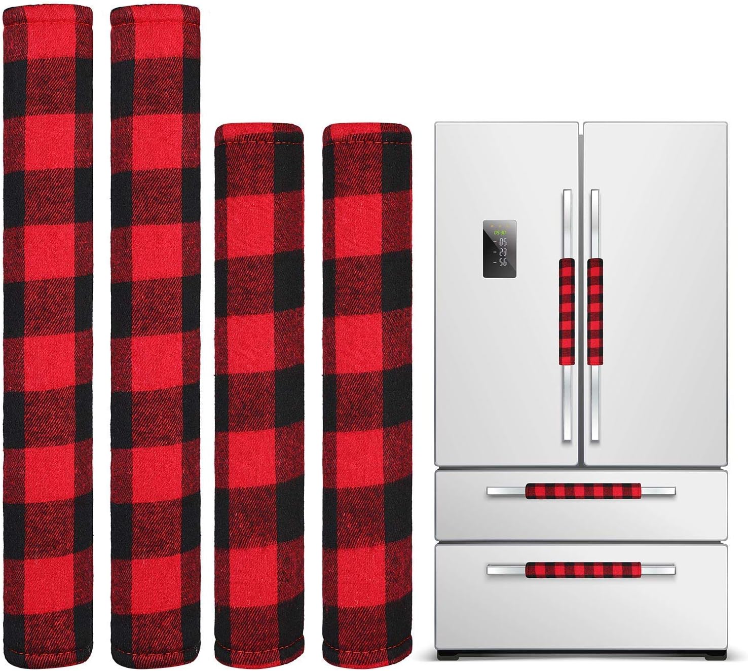 4 Pieces Christmas Refrigerator Door Handle Cover, Buffalo Plaid Check Kitchen Appliance Microwave Oven Dishwasher Handle Cover for Christmas Decorations (Red and Black Plaid)