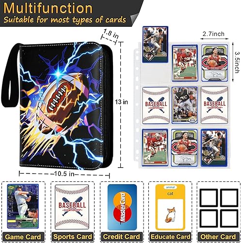 Miniatura 3 de Football Card Binder, 900 Pockets Football Cards Holder with 50 Removable Sleeves, Sports Card Binder for Cards Display and Storage, Zipper Card