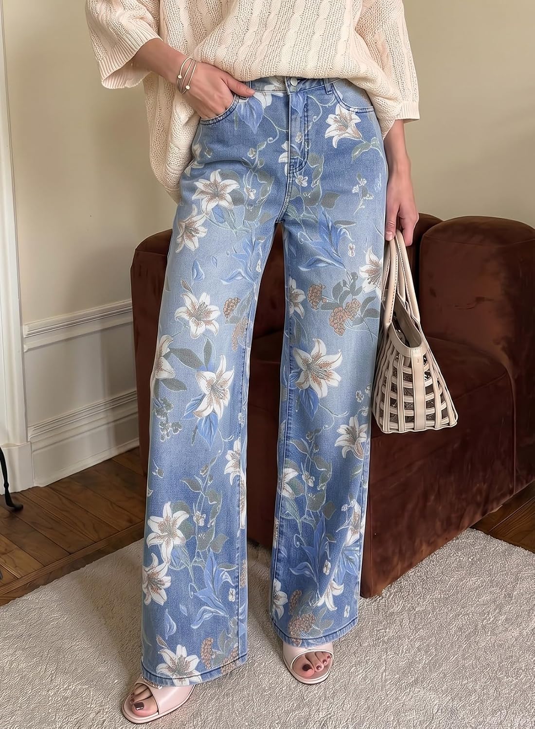 Dokotoo Women's Wide Leg Jeans Floral Print Baggy Denim Pants with Pockets image 3