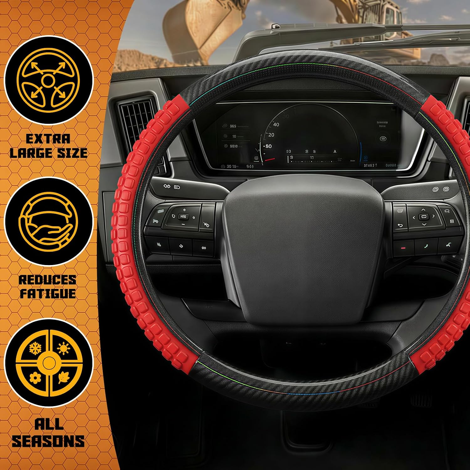 18" Semi Truck Steering Wheel Cover (FITS 17.5"-18" ONLY) | Heavy Duty Carbon Fiber & 3D Massage Grip for Long Hauls | Anti-Slip Odorless Rubber, Upgrade Your Big Rig