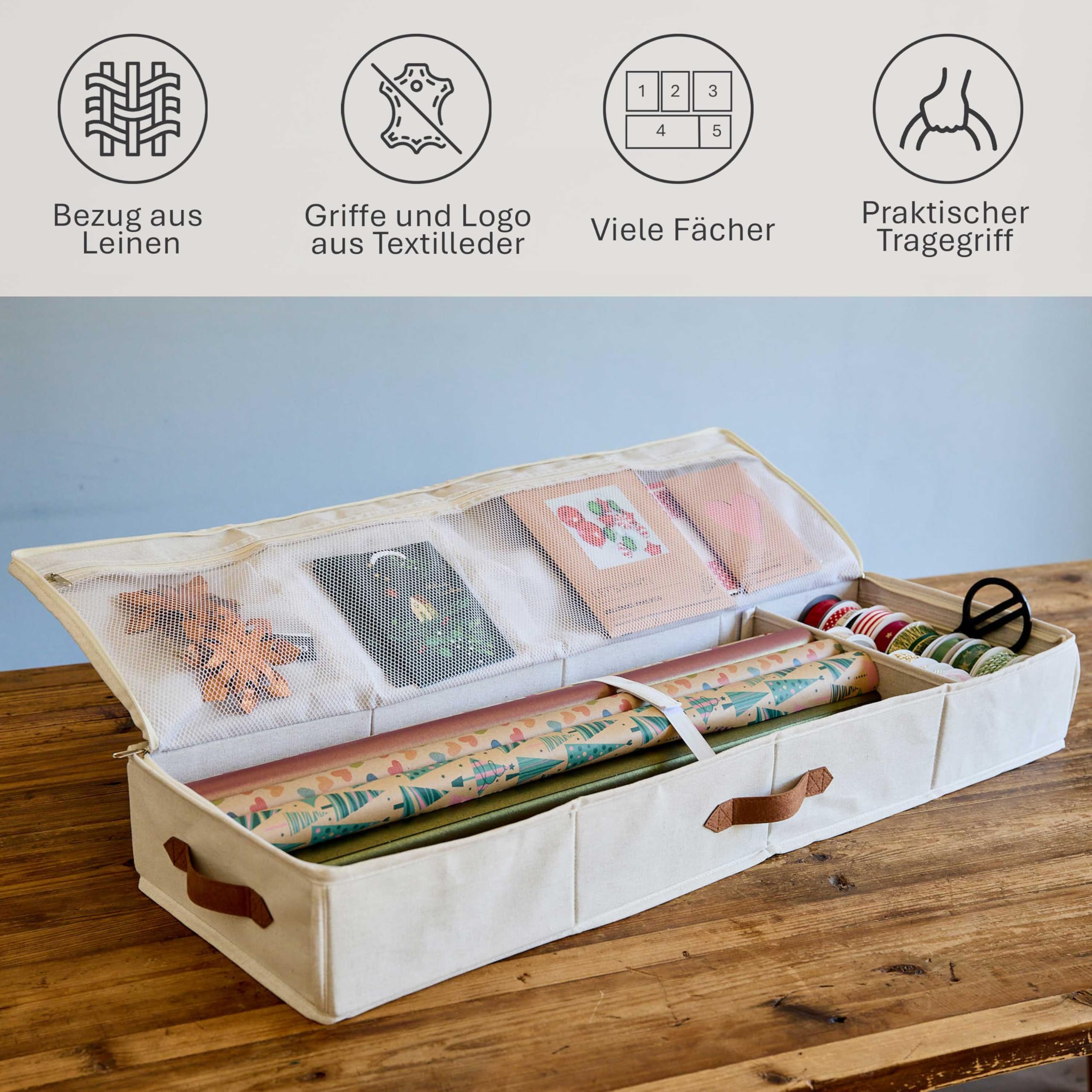 LOVE IT STORE IT Premium Geschenkpapier Organizer - Hochwertige Geschenkpapier Aufbewahrung aus Stoff - Mit Fächern für Geschenkbänder - Beige - 90x30x12 cm