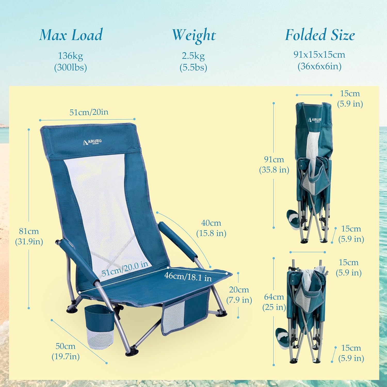 Low Beach Chairs for Adults 2 Pack High Back,Folding Portable Sling Beach Camping Chair with Cup Holder,Lightweight Foldable Camp Lawn Chair for Outdoor Sand Concert Travel Sport Events