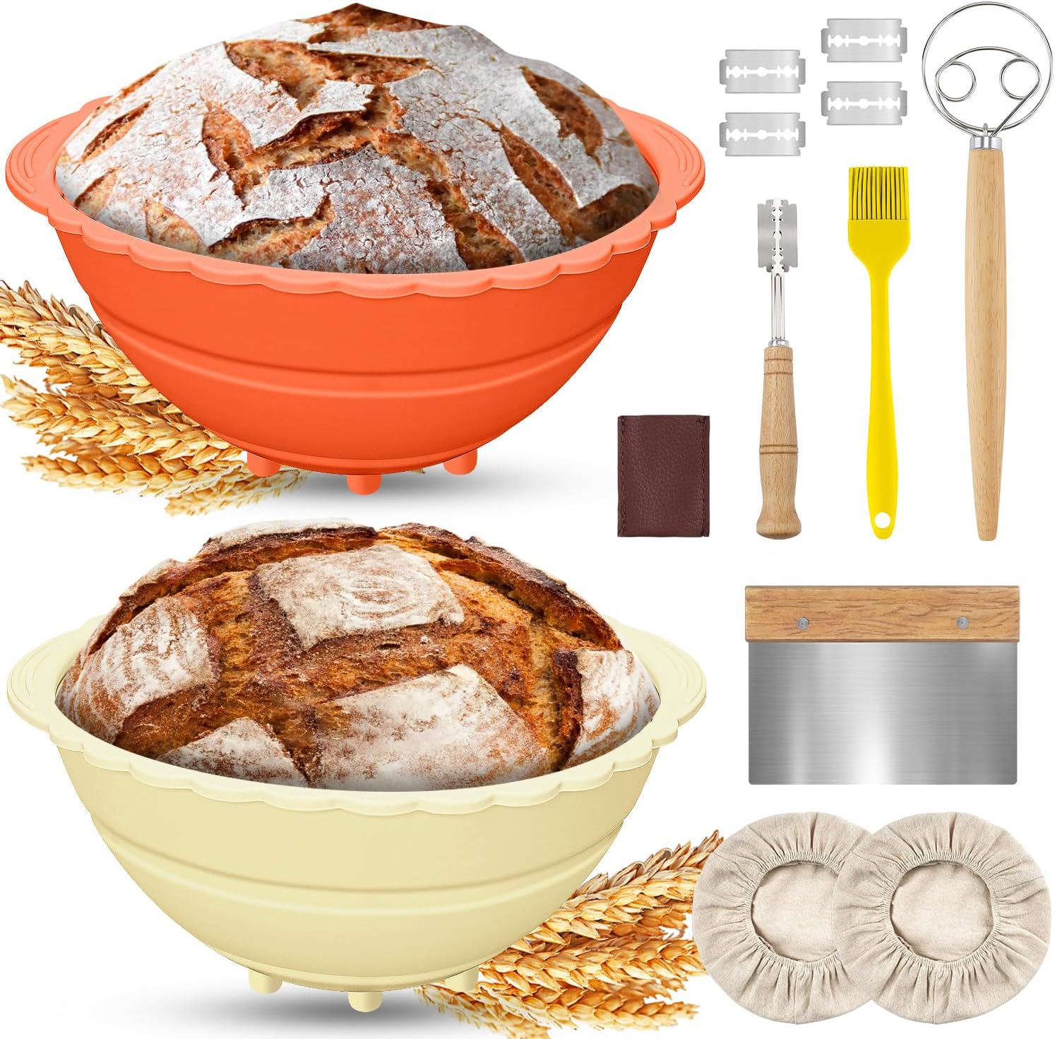 Silicone Bread Proofing Basket Set of 2, Sourdough Bread Baking Basket Supplies, 9