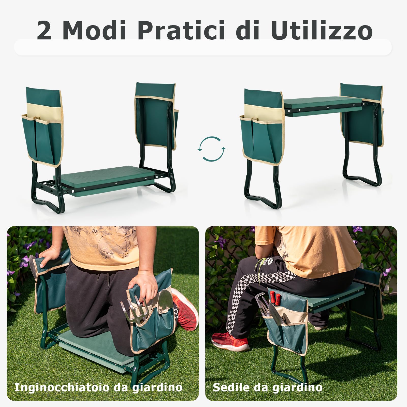 RELAX4LIFE Inginocchiatoio e Sedile da Giardino, Sedile per Giardinaggio Pieghevole e Portatile con 2 Tasche Rimovibili Sedile in Schiuma EVA e Telaio Metallico, Fino a 150KG (2 Tasche)