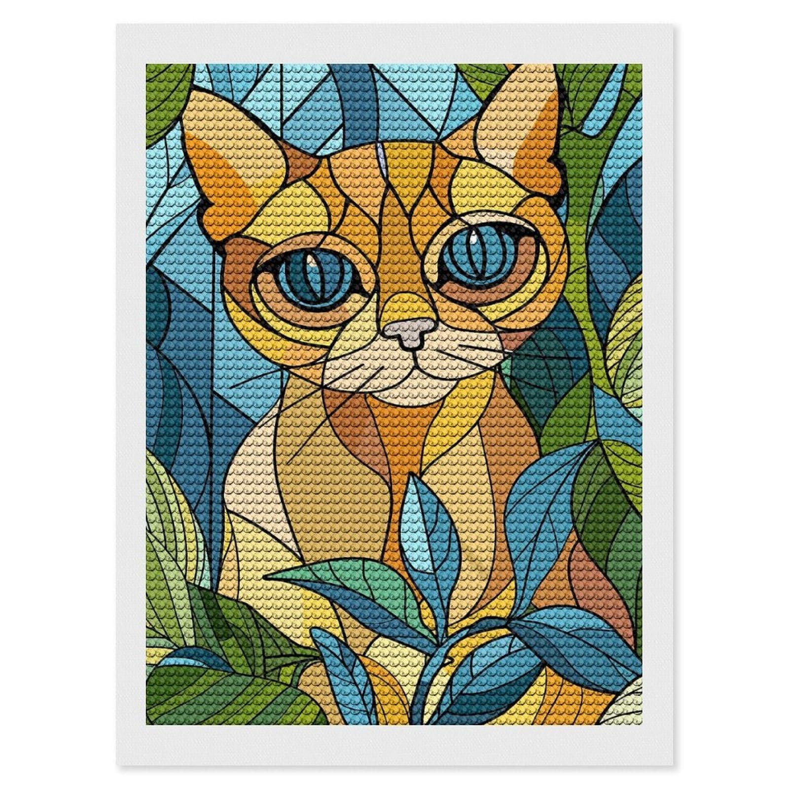 Junmoney Stained Glass Cat Among Leaves Full Drill Diamond Painting Kit 12"x16", Mindful Craft Activity, Bedroom Decor, for Adults, Gift Idea