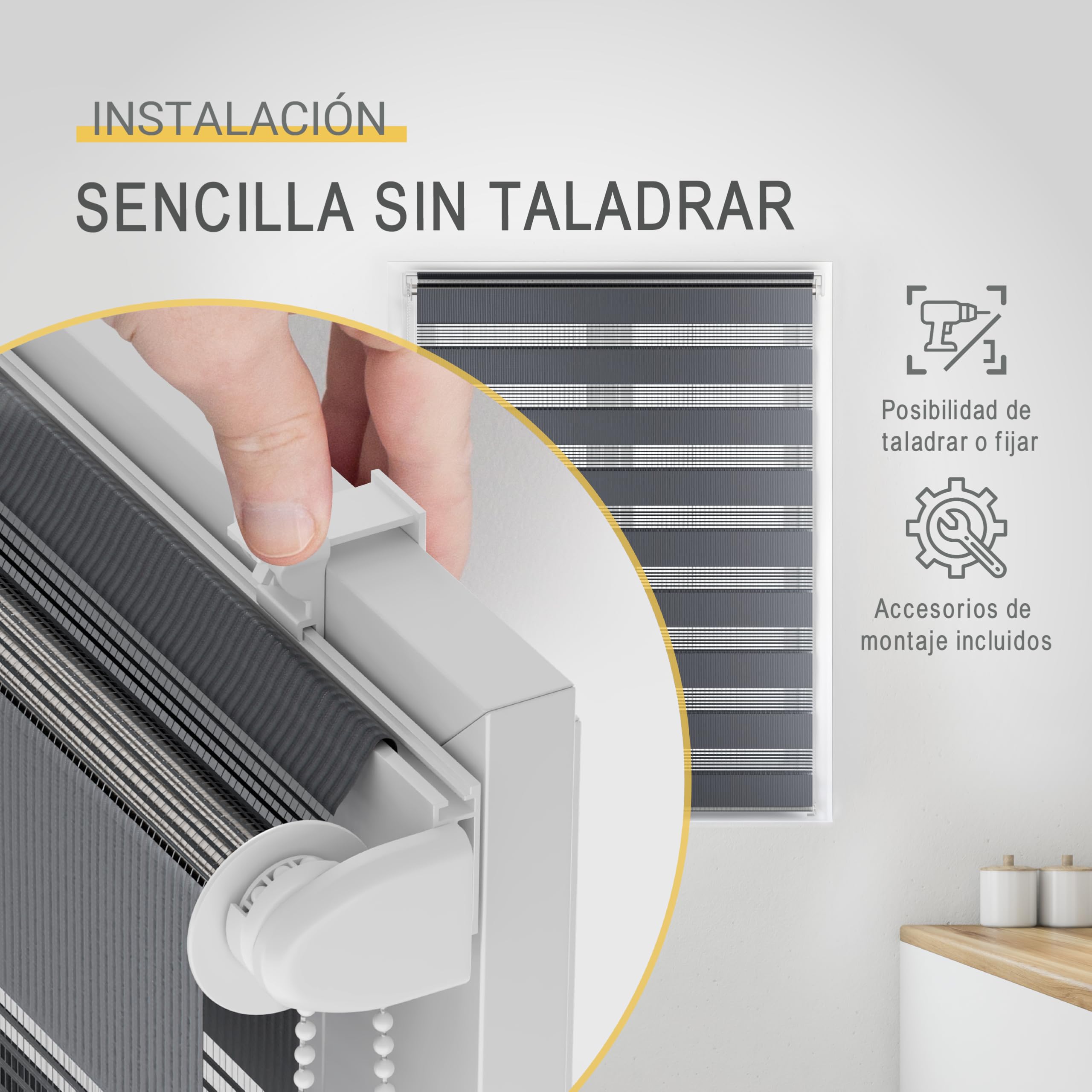 Sol Royal Persiana Estor Doble Noche y Día klemmfix sin taladrar Dormitorio | 70x220cm gris para ventanas y puertas oficina sala SolDecor interior fijación presión DL2