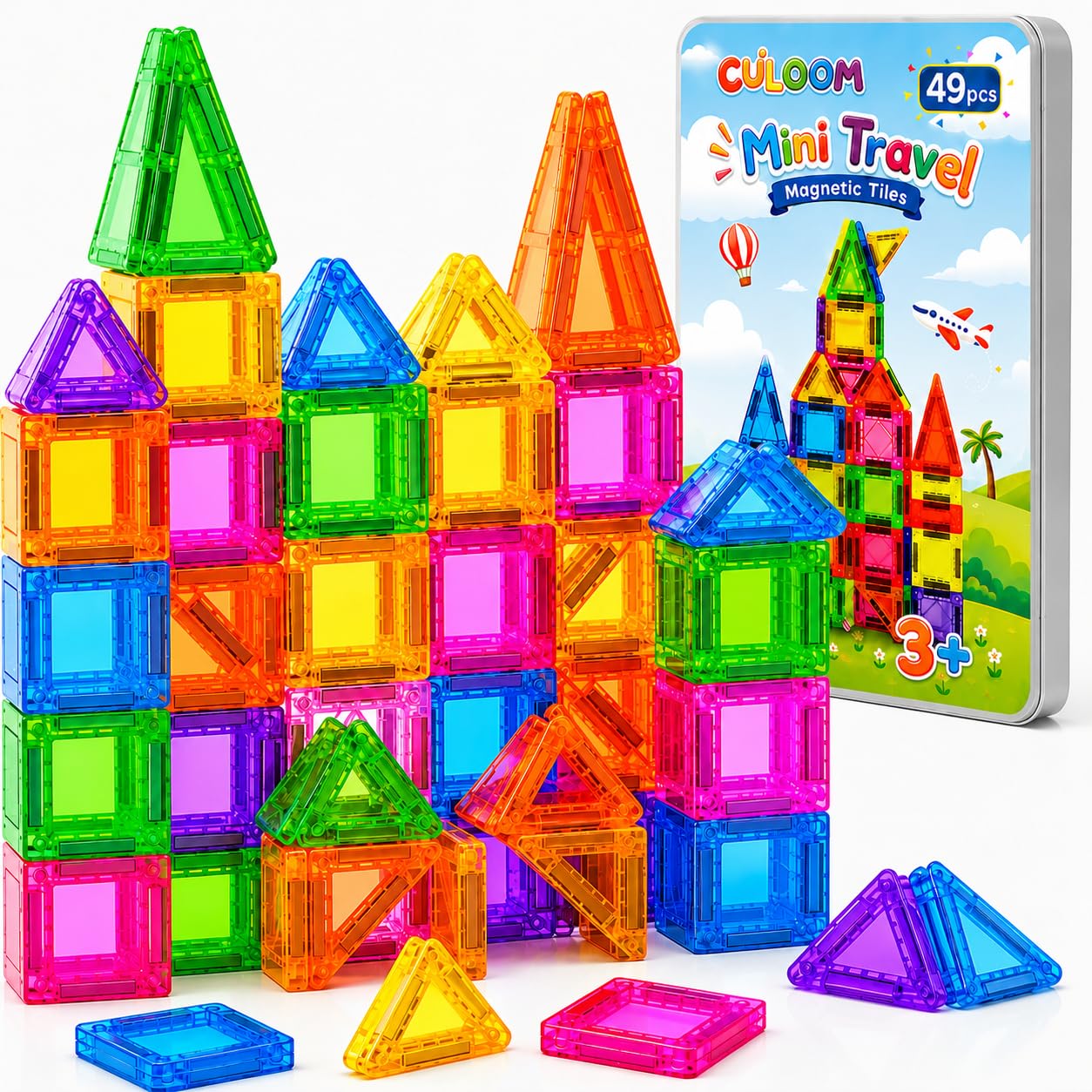 CULOOM 49PCS Mini Magnetic Tiles Travel Set for Kids Ages 3+ with Tin Box