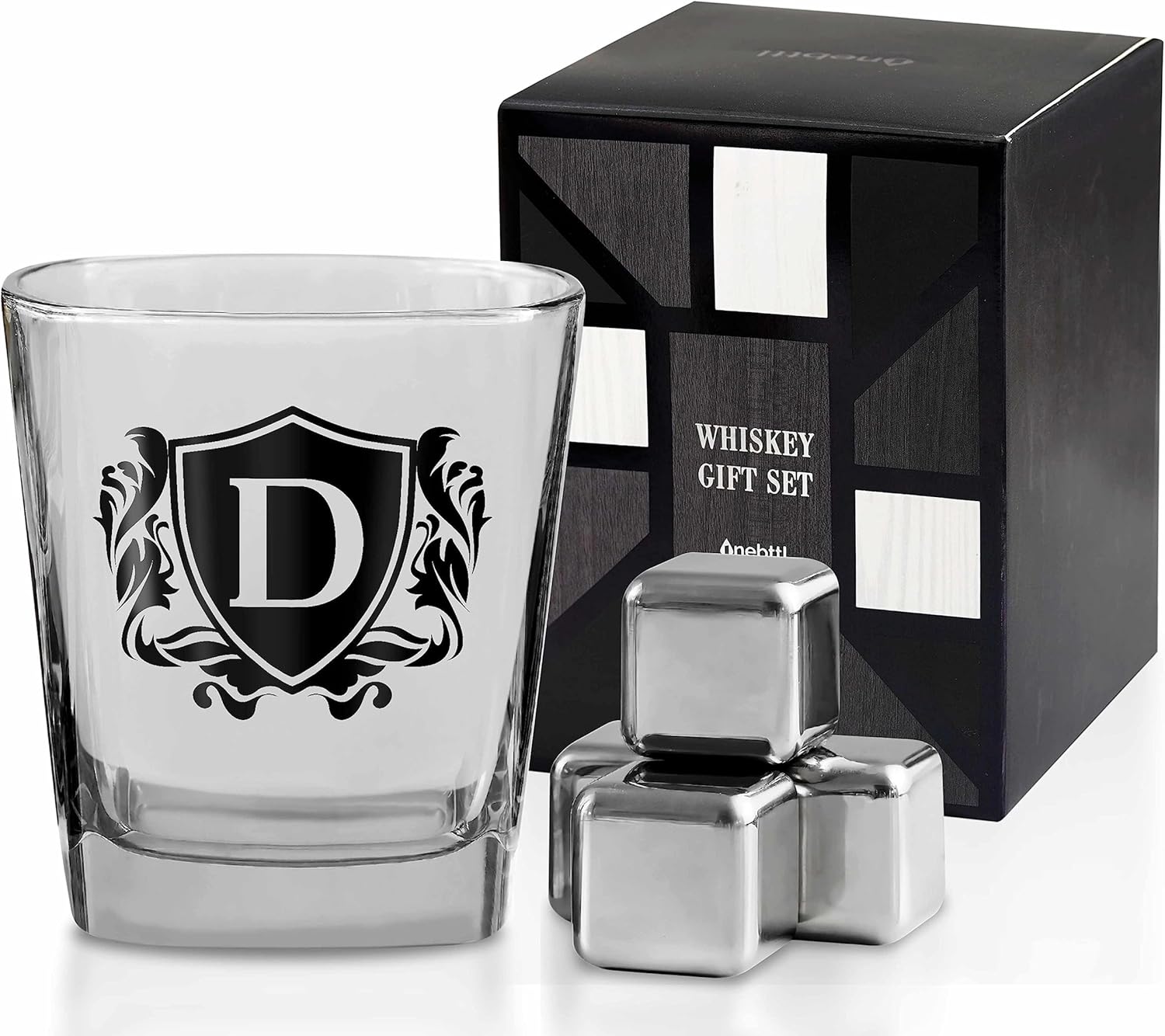 Whisky Gifts for Men, Personalized Initial Whiskey Glass with Whiskey Stones for Dad, Boyfriend, Best Friends, Coworkers, Husband, Brother, Uncle and Boss on Father's Day, Boss Day and Birthday - D