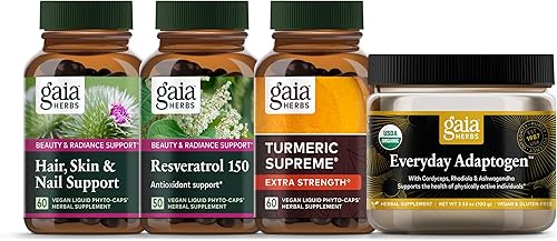 Gaia Herbs Beauty Essentials Kit - Soporte para cabello, piel y uñas, resveratrol 150, adaptógeno diario, cúrcuma suprema extra fuerte