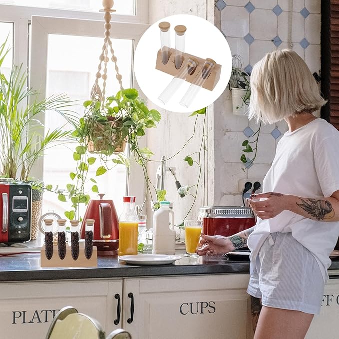 Set de 4 Tubos de Vidrio para Almacenar Granos de Café con Tapa y Base de Madera miniatura 9