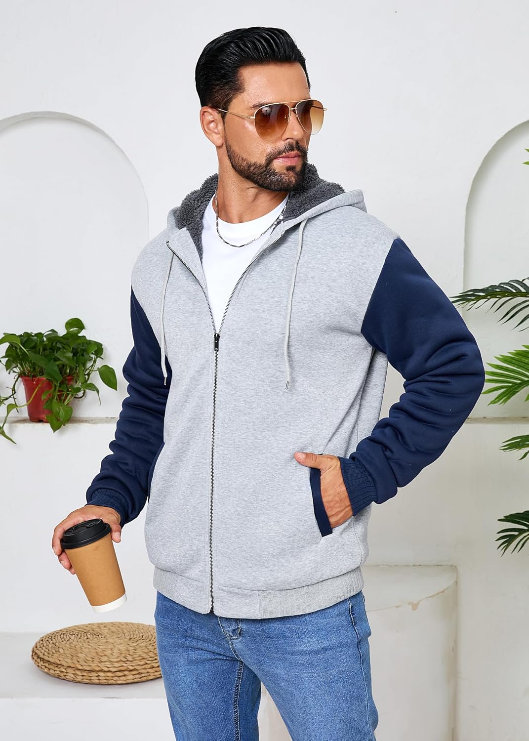 Men's Sherpa Jacket Heavyweight Zip Up Hoodie Fleece Hooded Sweatshirt with Pocket - Image 2