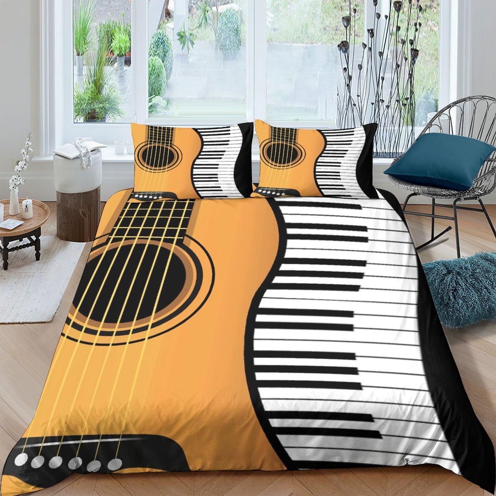 Ctjqhvkz Style-10 3D Printed Guitar Piano Fitted Sheet Microfiber Soft Orange Black Mattress Cover Bedroom Dorm Decor Anti-Slip Washable Single（135X200cm）