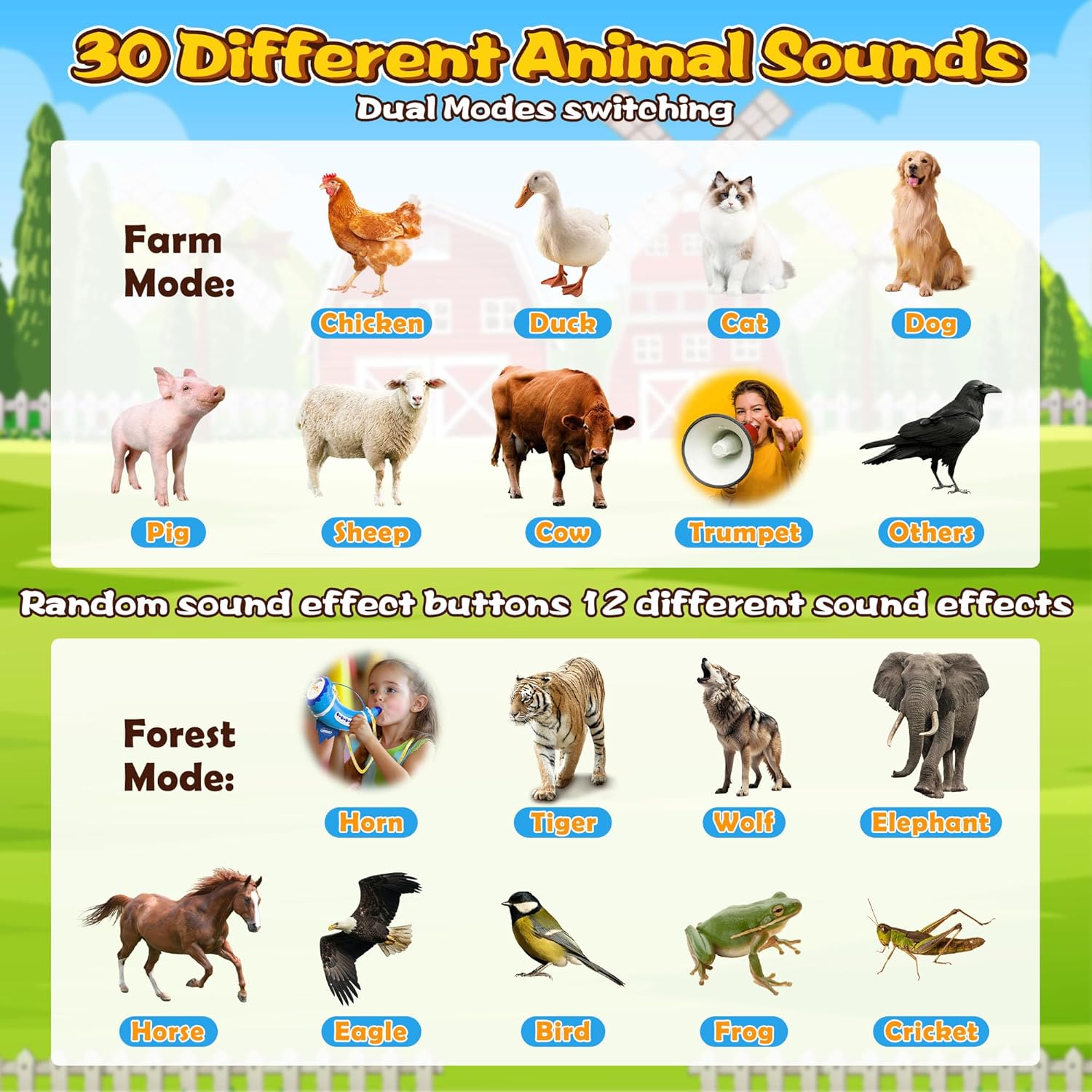 TEVYKOKF Animal Caller Toys for kids 3-5, Hunting Toys with 2 Modes & 30 Realistic Animal Sounds, Outdoor Discovery Play with 8" Horn and 5-Level Lights, Gift Ideas For Boys & Girls Ages 3+ (Blue)