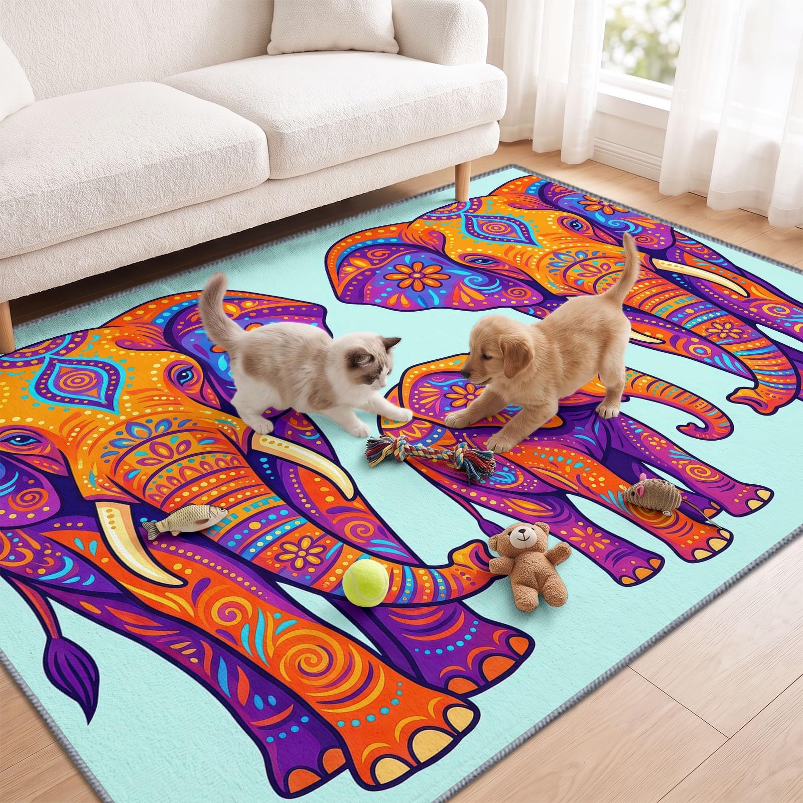 Indyjski malowany słoń bohema zmywalny dywan do salonu, 180 x 270 cm
