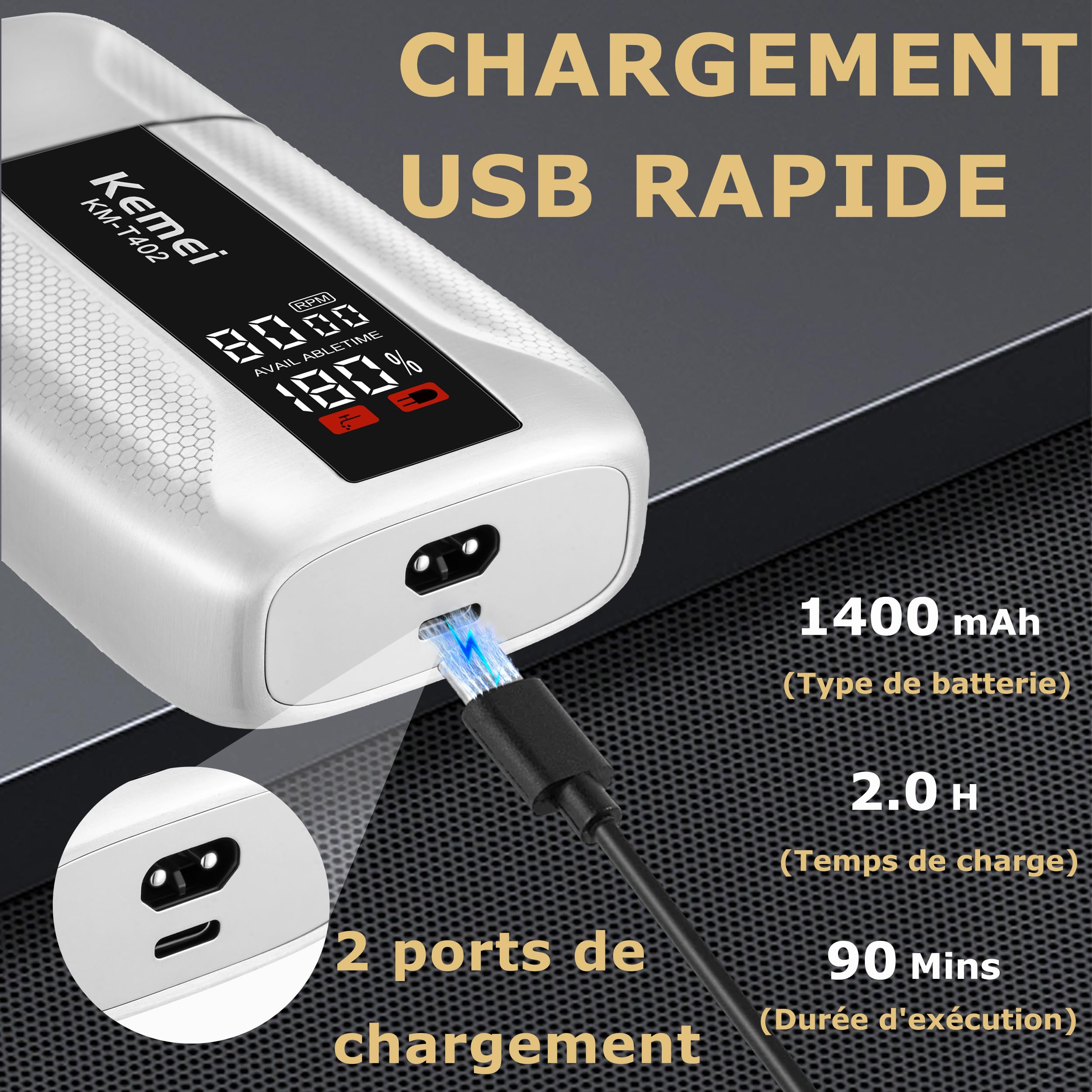 Rasoir électrique professionnel à grille KEMEI T402 pour hommes, étanche IPX7, avec écran LED, double rasoir électrique à 3 vitesses réglables