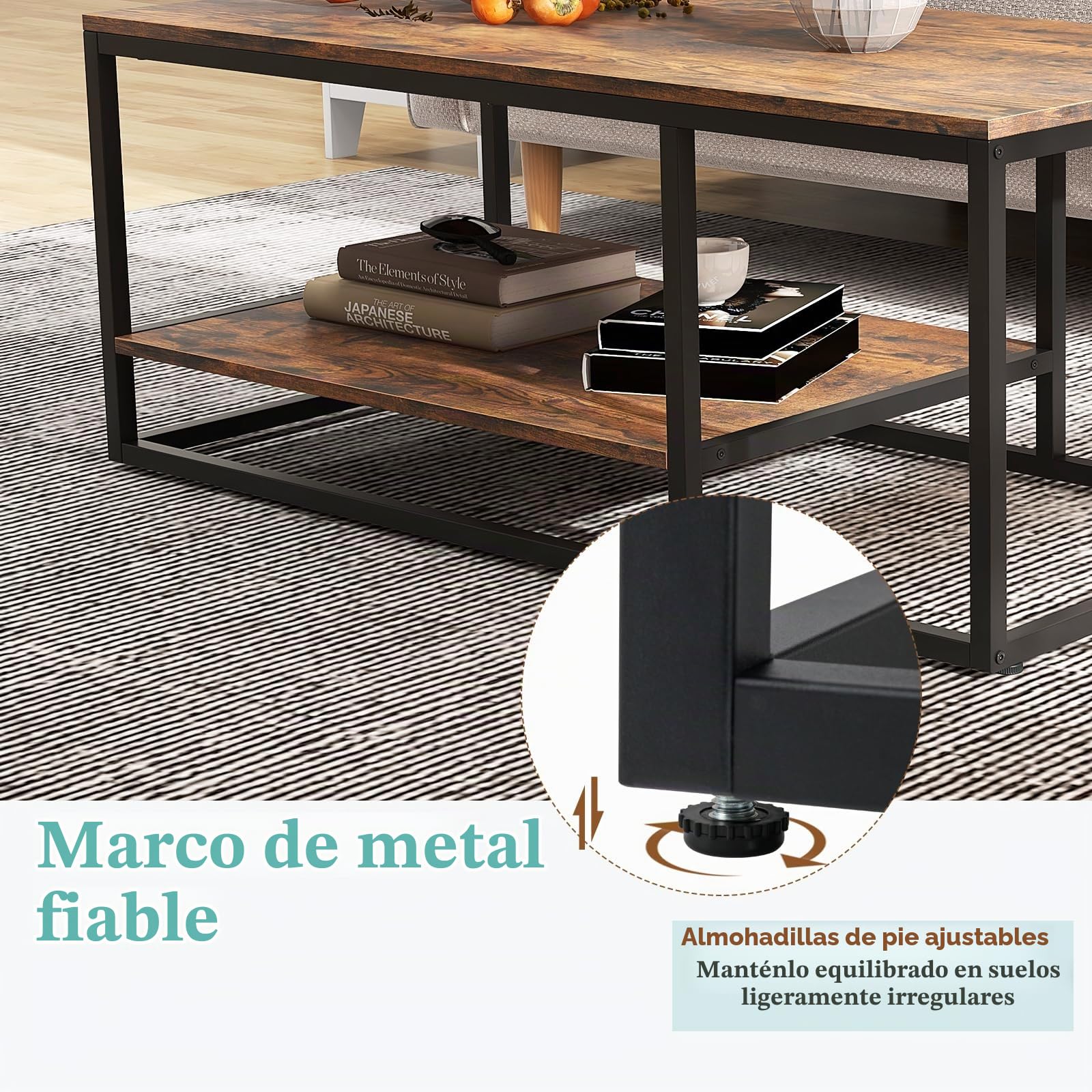 LIFEZEAL Mesa de Centro de 2 Niveles, Mesa de café Rectangular con almacenaje, Mesa de salón con Estructura de Metal, Estilo Industrial, 105 x 50 x 42,5 cm, marrón rústico