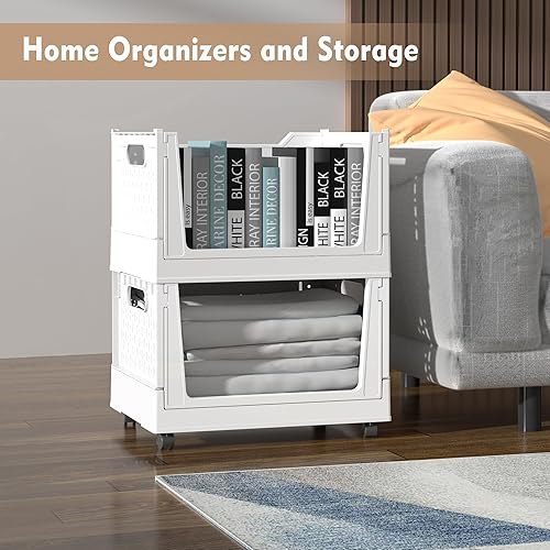 Miniatura 6 de Cesta de almacenamiento de plástico apilable, paquete de 3 organizadores plegables de armario y contenedores de almacenamiento con ruedas, estante