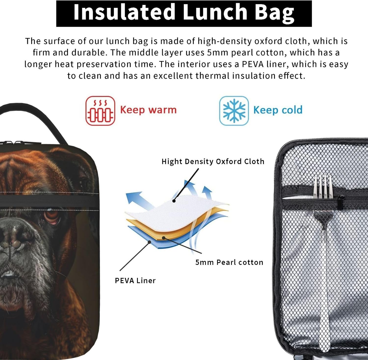 Boxer Dog Lunch Box for Women Men, Insulated Lunch Box Reusable Portable Lunch Bag Cooler Tote Waterproof Lunch Container for Office Picnic Work Travel - Image 5