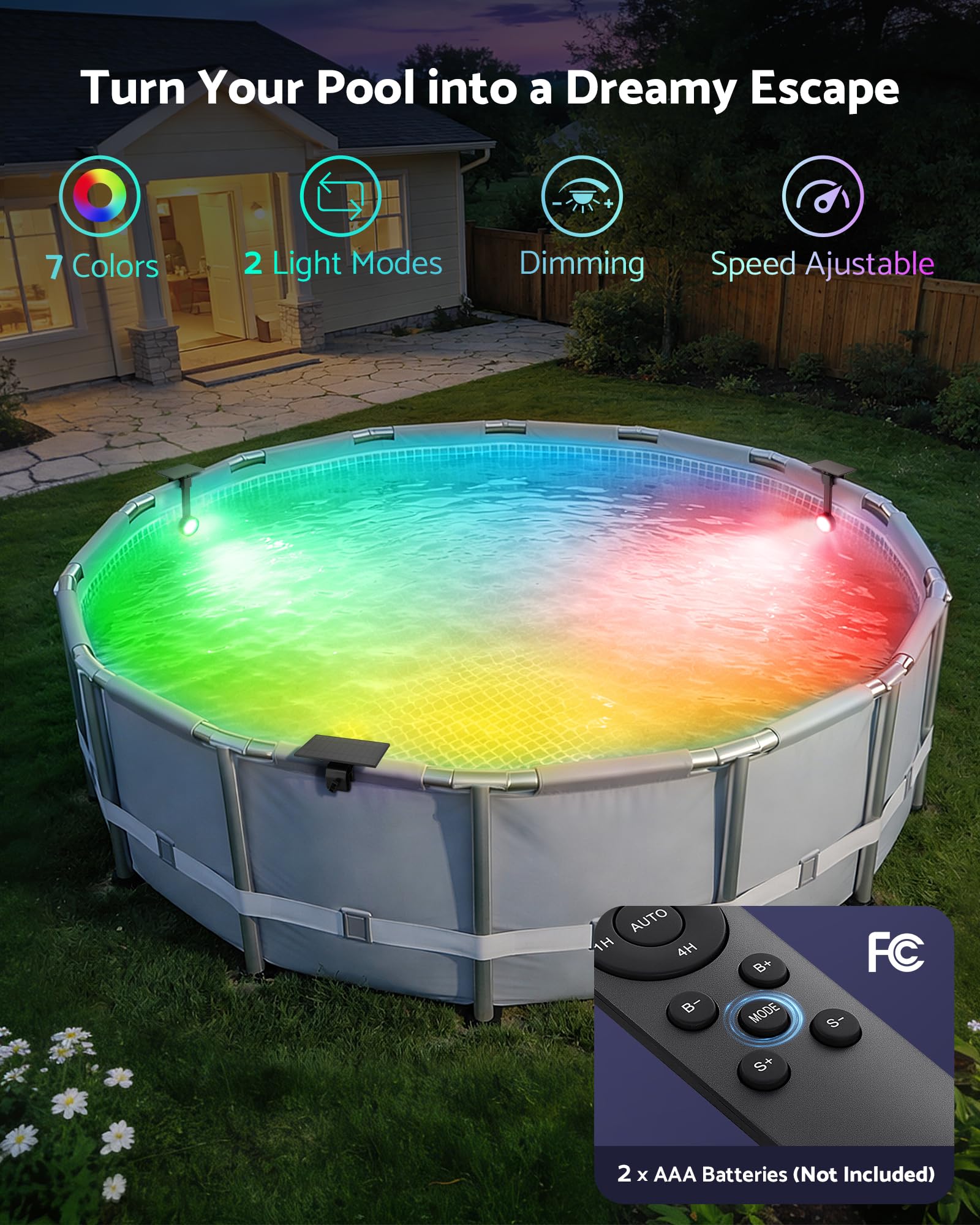 Solar-RGB-Poolleuchten für Metallrahmen-Pool mit Fernbedienung, schwarz, ULPOLRRGA2BL1