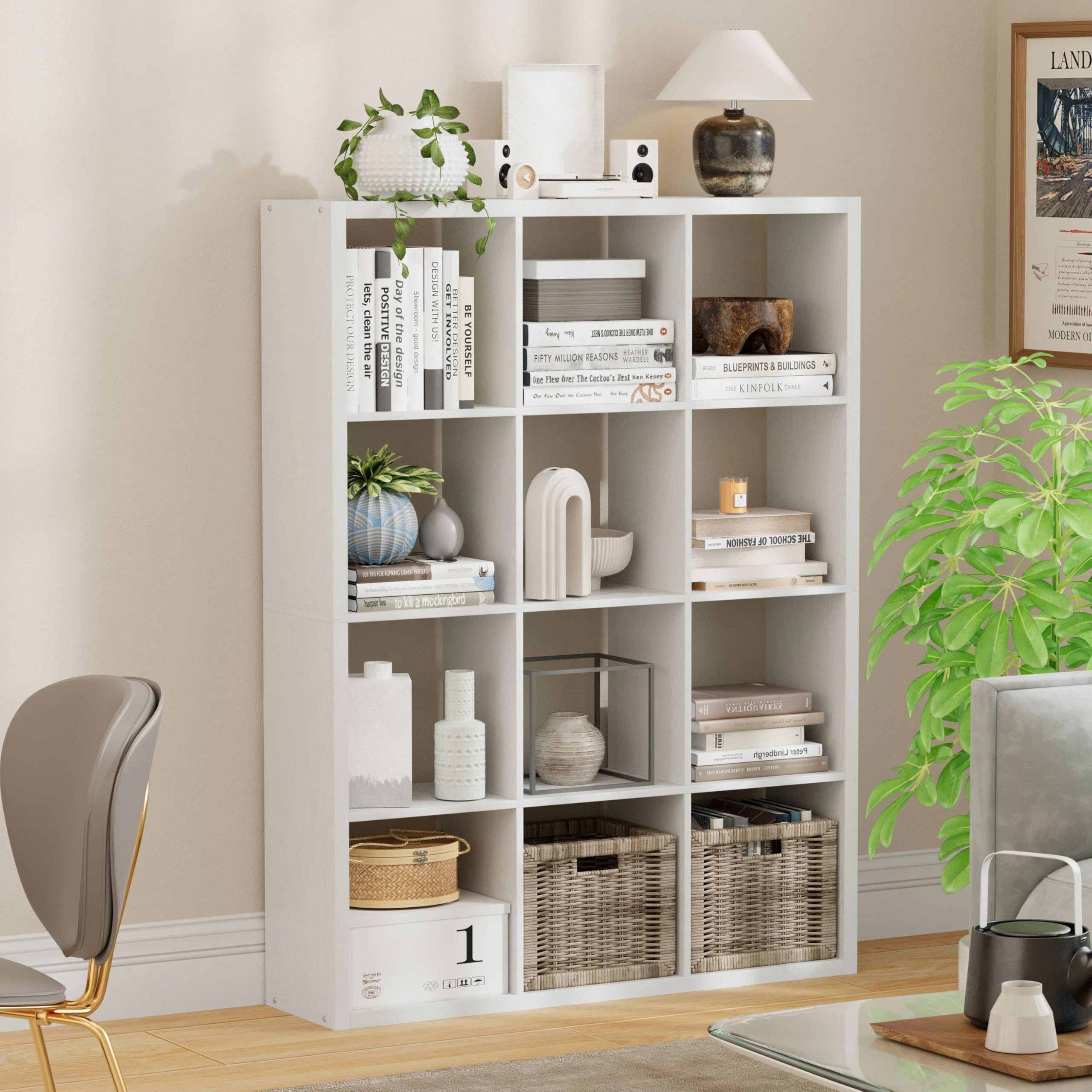 Jpiziso 12-Cube Storage Organizer, Wooden Cube Shelf Bookcase with Reinforced Thick Shelves, Heavy-Duty 36.93" L x 9.37" W x 48.82" H, for Living Room Bedroom Home Office, White