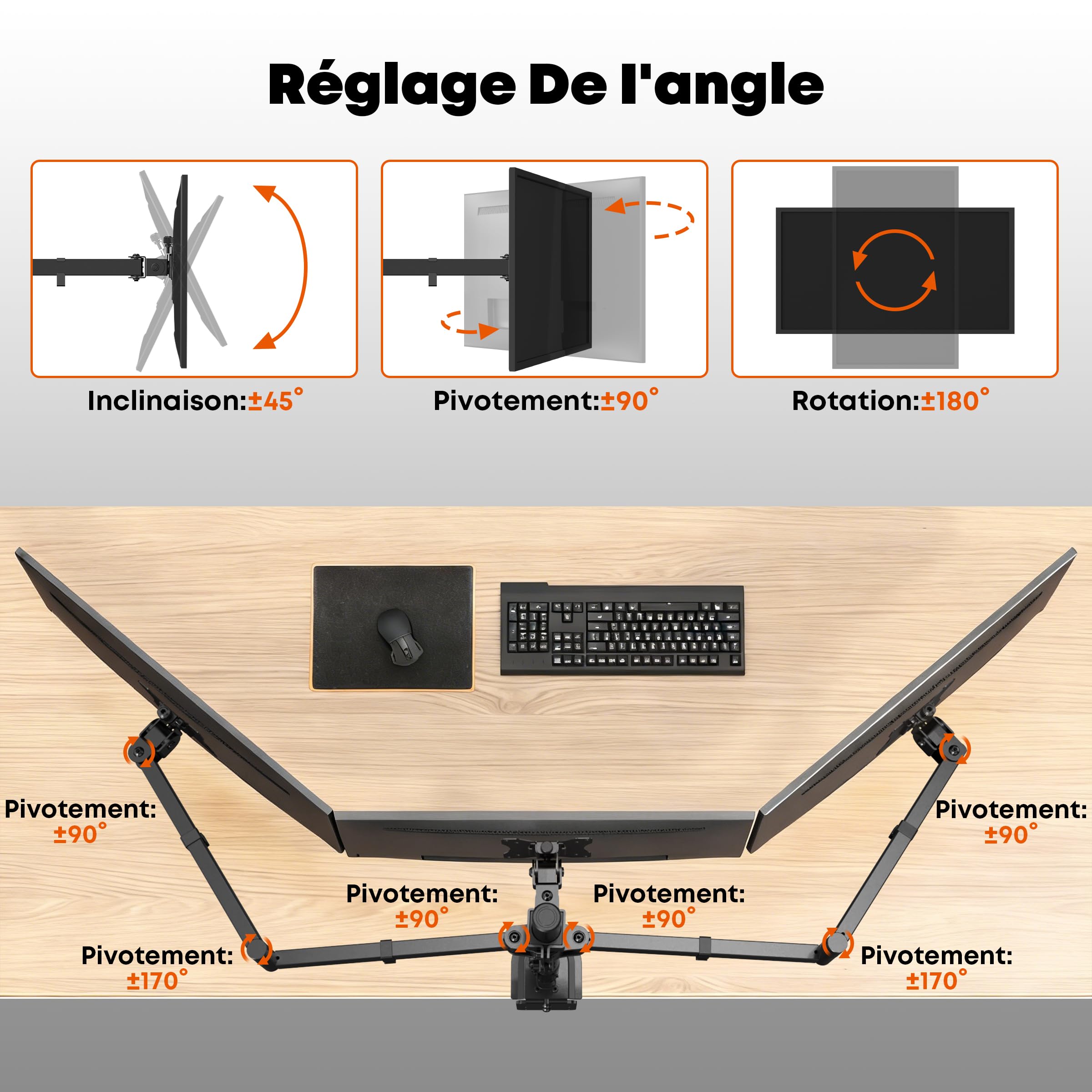 PUTPRSEN Support 3 Moniteurs 27", 10kg par Bras, VESA 75/100