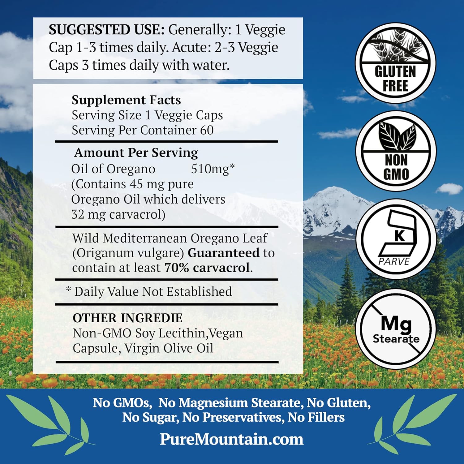 Pure Mountain Botanicals Wild Oregano Oil Capsules - 60 Kosher Vegan Caps Now with 510mg Mediterranean Oil of Oregano Supplement
