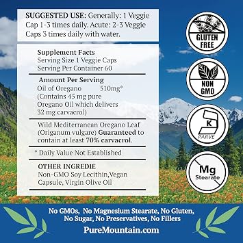 Pure Mountain Botanicals Oregano Oil Capsules - 60 Vegan Caps - 510mg Oil of Oregano - Carvacrol 70% - Kosher Herbal Supplement