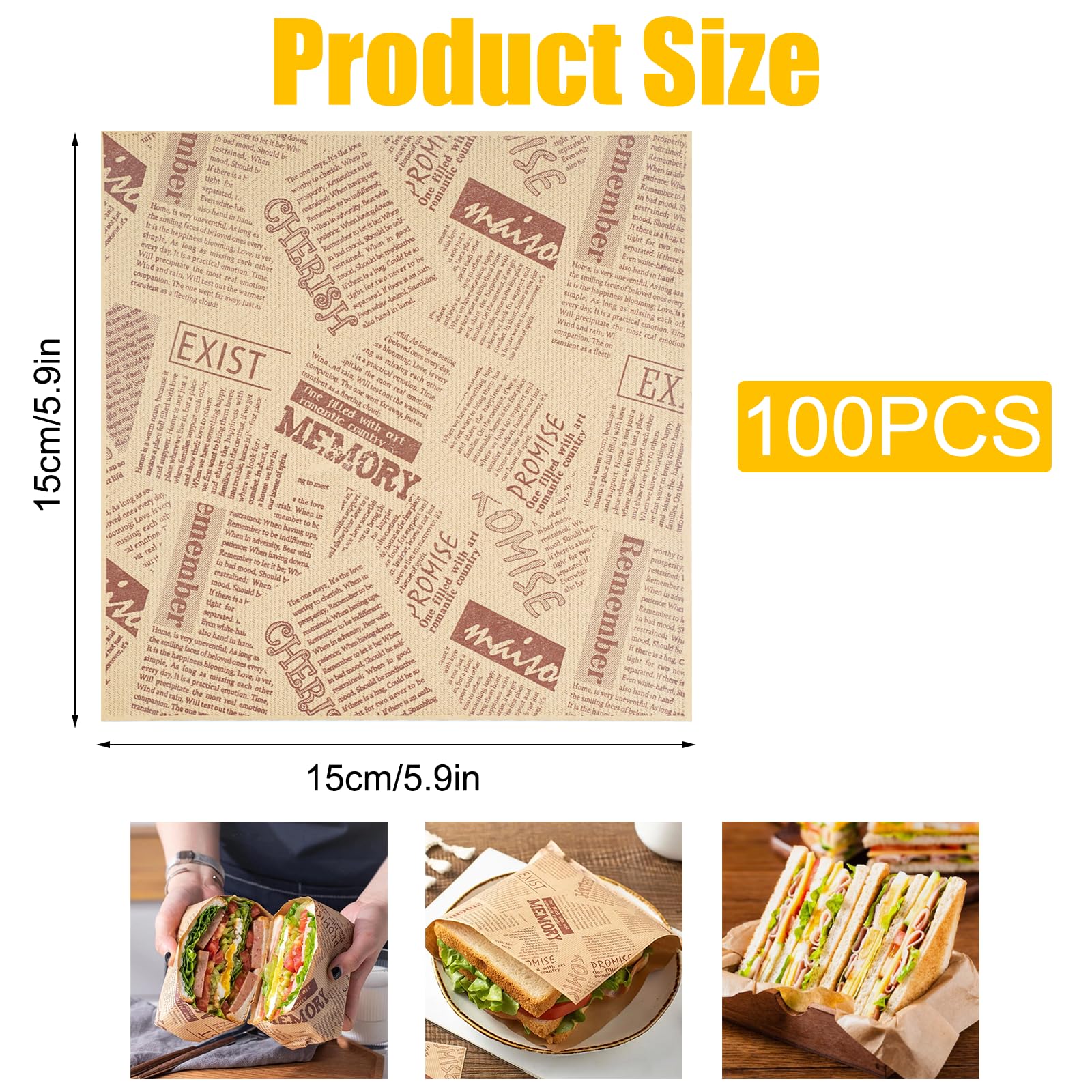 Produktbild von 200 Burger-Papiertüten 15x15 Cm – Fett- Und Wasserfest, Zeitungs-Design