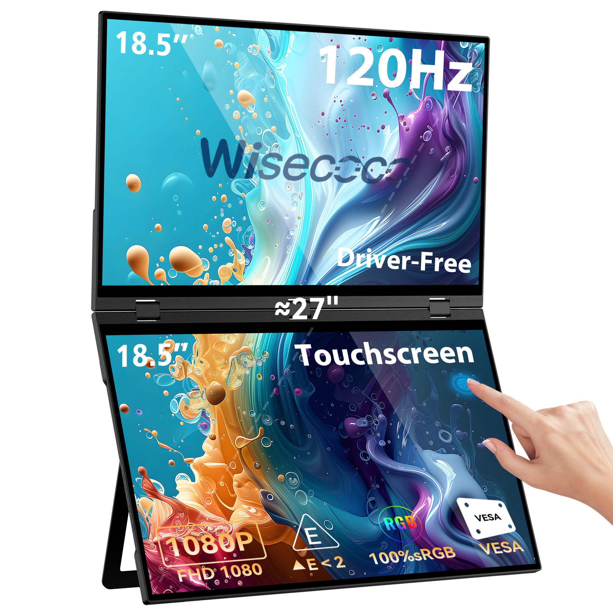 wisecoco 18,5 pouces 120 Hz FHD 1080P écran tactile double triple écran portable IPS USB-C HDMI HDR écran secondaire pliable PC Gaming Ecran 100% sRGB coupe-vent