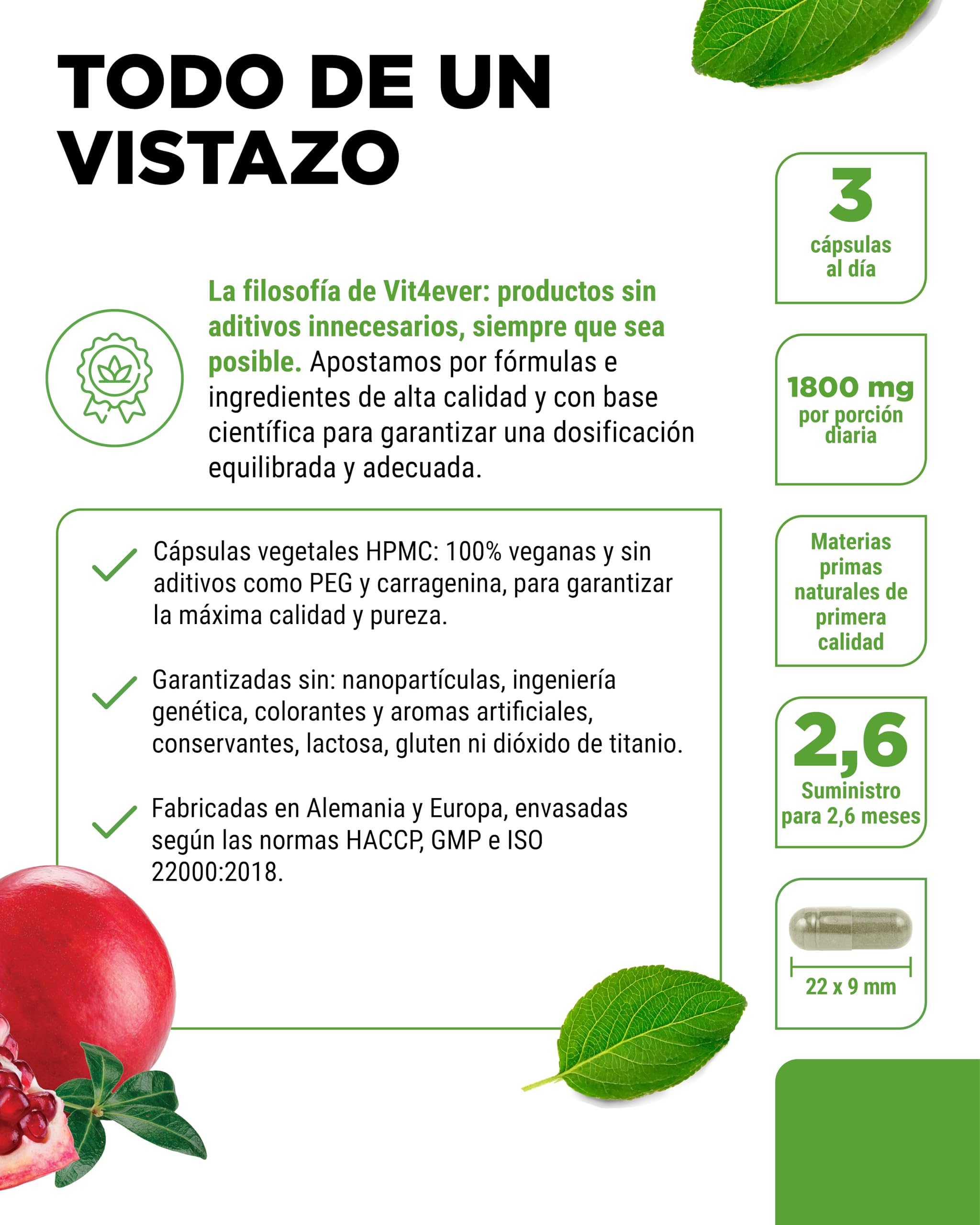 Extracto de Granada - 240 cápsulas veganas - Extracto natural de primera calidad con 40% de ácido elágico - Dosis alta - Vegano