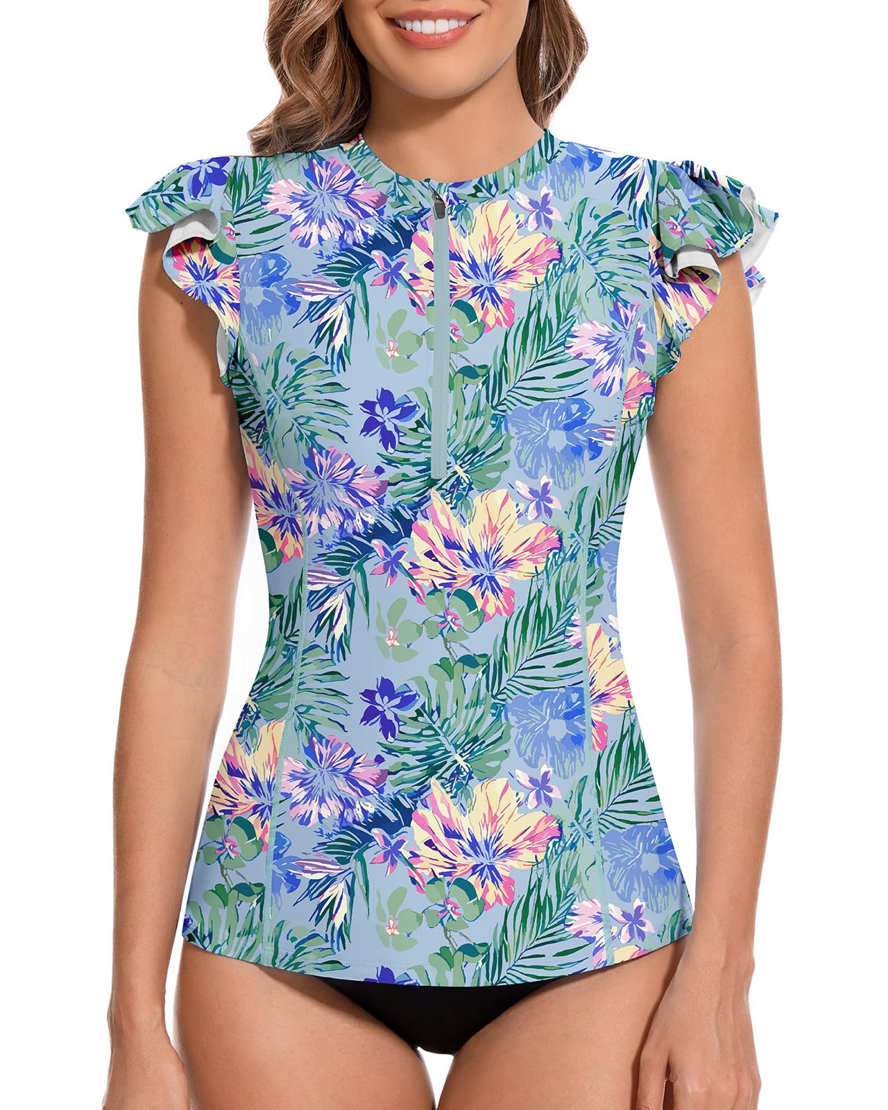 WOWENY Women Rash Guard Ruffle Sleeveless Swim Shirts Sun Protection Swimsuit Top Bathing Suit No Bottom