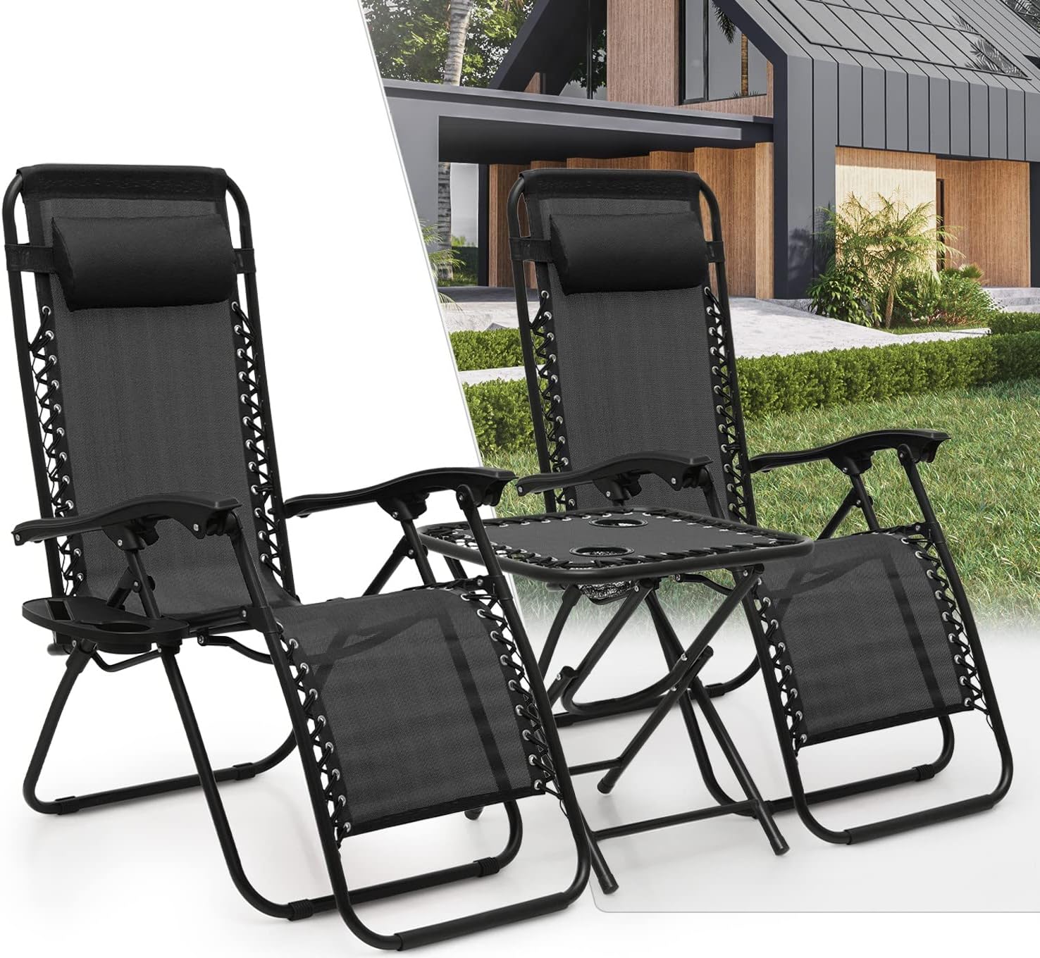 Zero Gravity Chairs Table with Cup Holder Set 3 Pieces Adjustable Folding Lounge Recliners with Head Rest Pillow for Patio Outdoor Yard Beach Pool Support 350lbs (Black.)