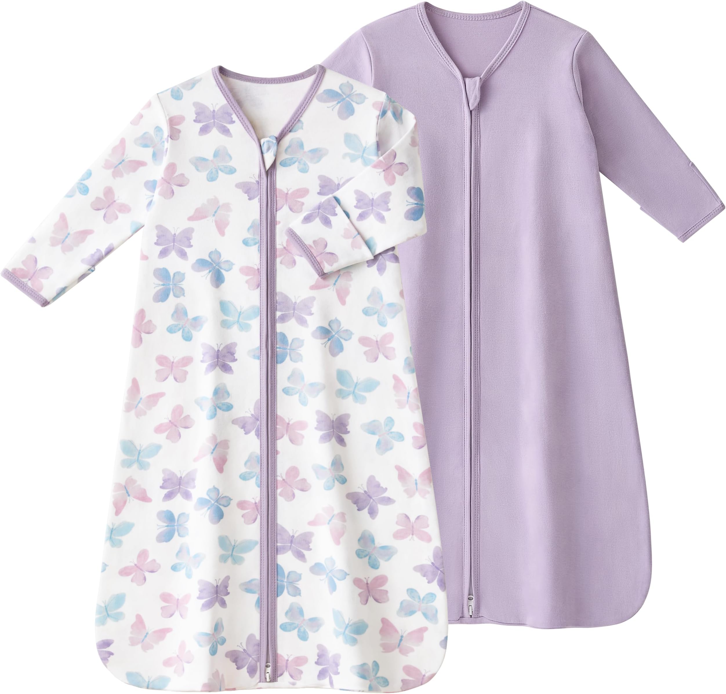 Baby Sleep Sack 6-12 Months, Long Sleeve Baby Wearable Blanket 0.5 Tog with Mittens, 2-Way Zipper Infant Cotton Sleeping Sack for Boy and Girl Purple Butterfly 2 Pack (Medium)