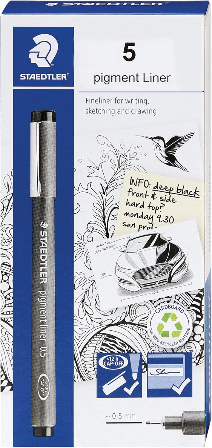 Staedtler Pigment Liner, Fineliner Pen for Drawing, Drafting, Journaling, 0.5mm, Black, Box of 5 Pens, 308 05-9M