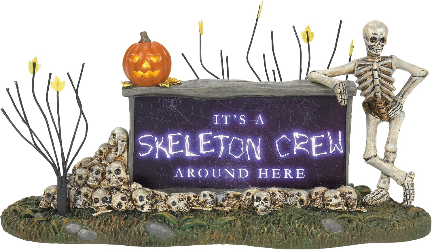 Department 56 Village Collection Accessories Halloween We're A Skeleton Crew Sign Lit Figurine, 3.9 Inch, Multicolor