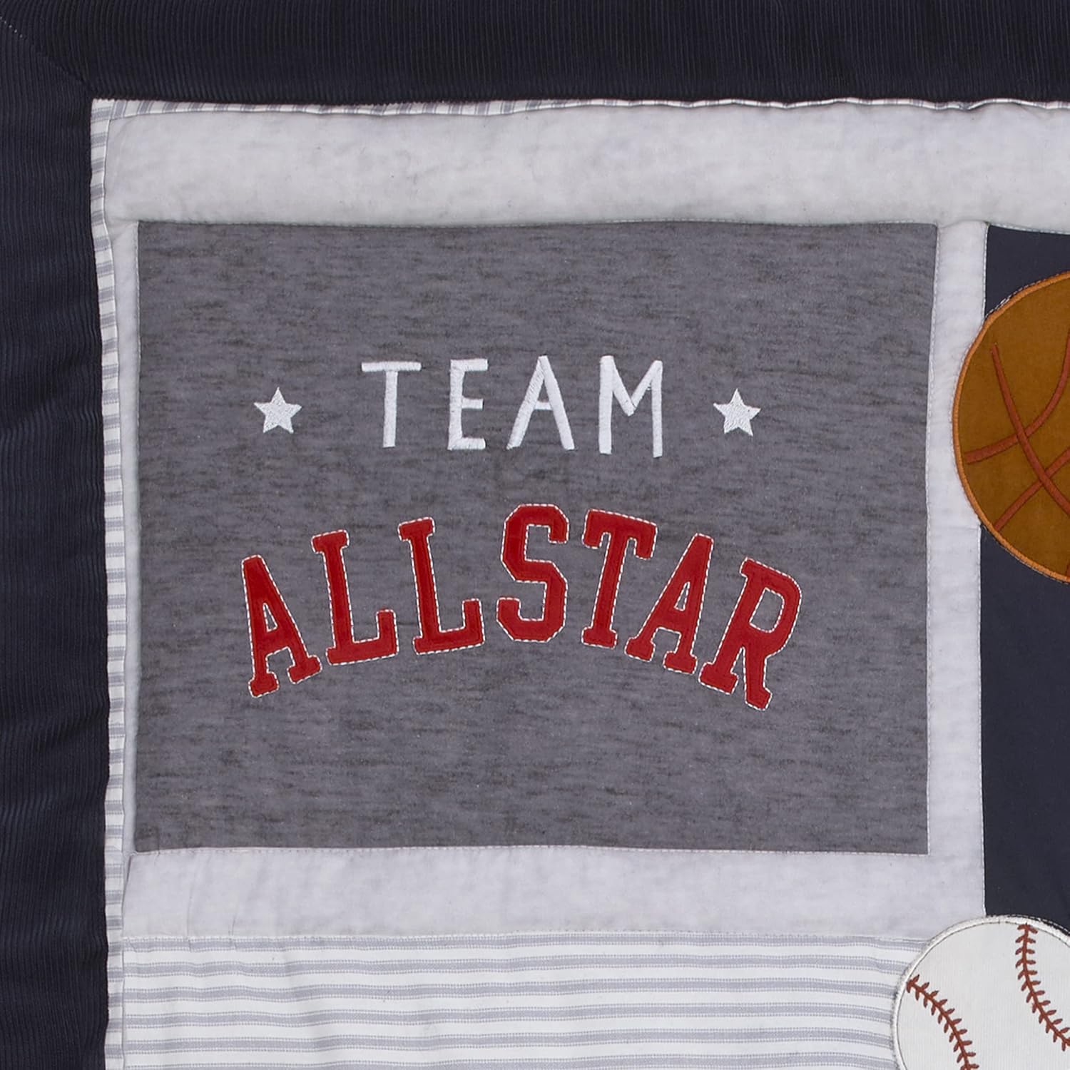 NoJo Team All Star Navy, Grey, and Light Blue, Football, Baseball, Soccer and Basketball, Fox, Raccoon and Hedgehog 4 Piece Nursery Crib Bedding Set - Comforter, 100% Cotton Fitted Crib Sheet, Crib Skirt and Storage Tote