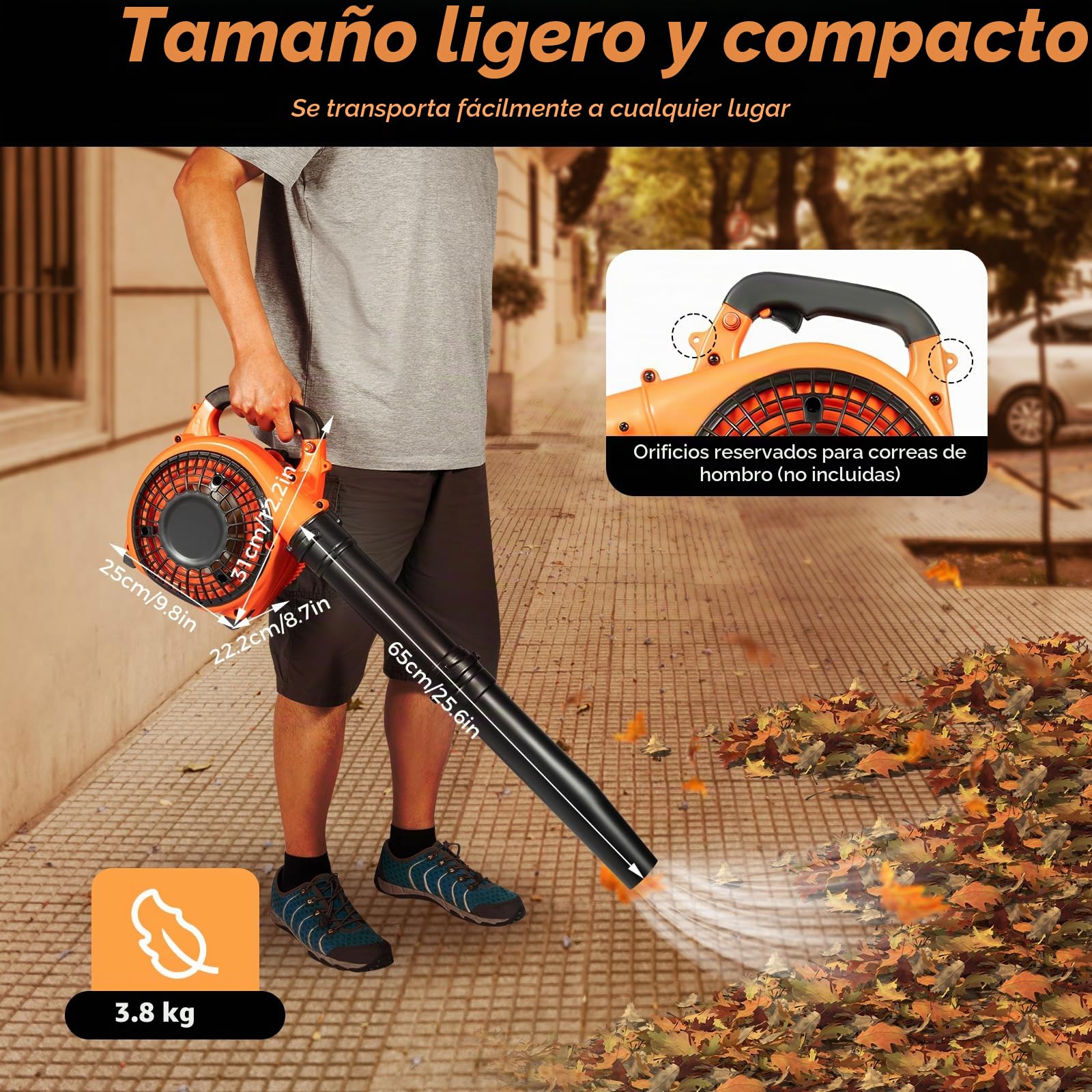 Soplador de hojas de gasolina, 2 tiempos, gasolina, incluye 2 tubos de soplado, soplador portátil refrigerado por aire, con depósito de combustible de 0,9 l, 7000 rpm, motor de un solo cilindro para
