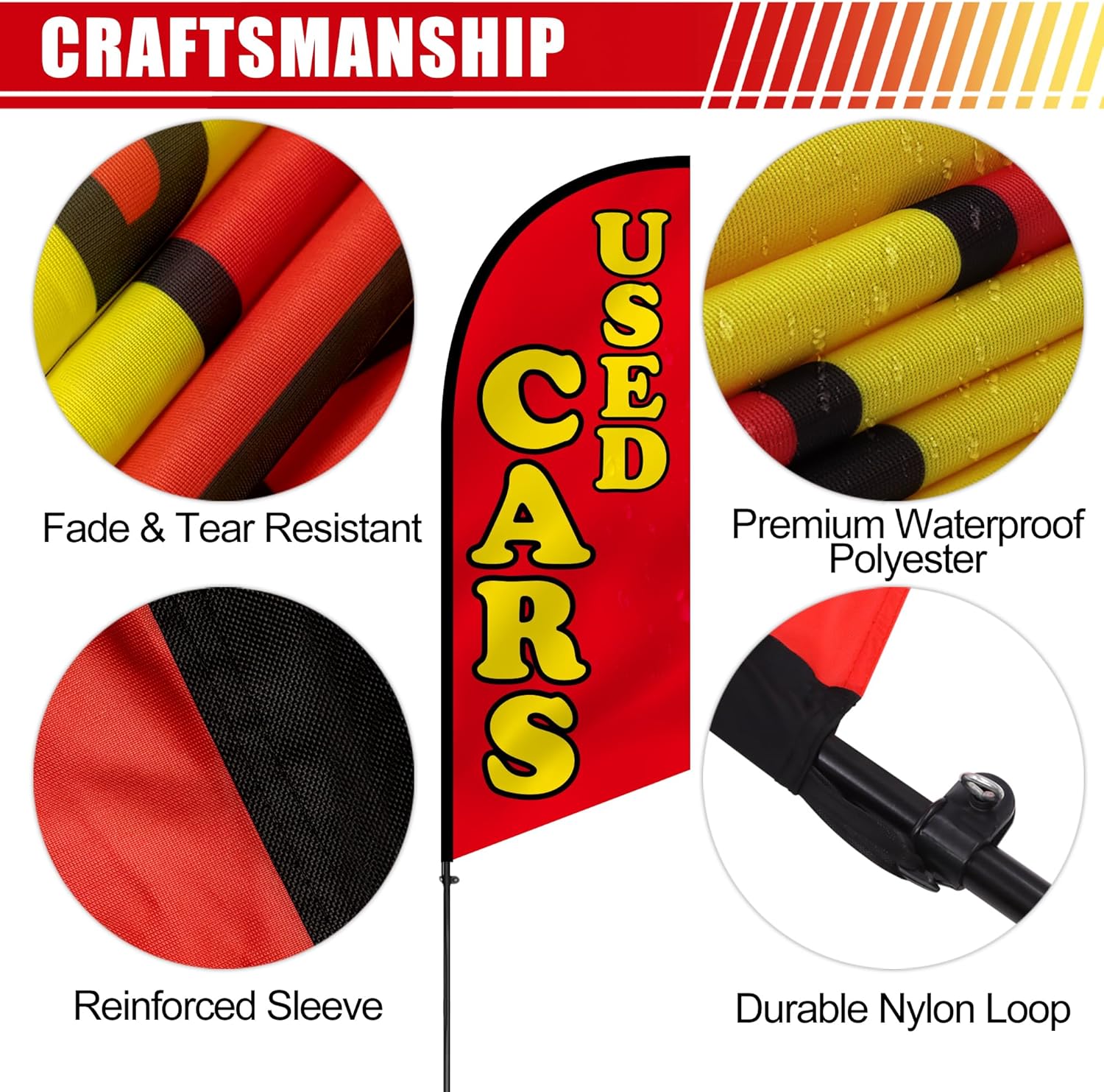 Anley 7.5 FT Used Cars Feather Flag Banner Kit - Outdoor Swooper Advertising Flags with Pole and Stake - Used Car Sales Sign for Dealerships, Auto Lots, Car Promotions - Weather Resistant & Easy Setup - Image 6