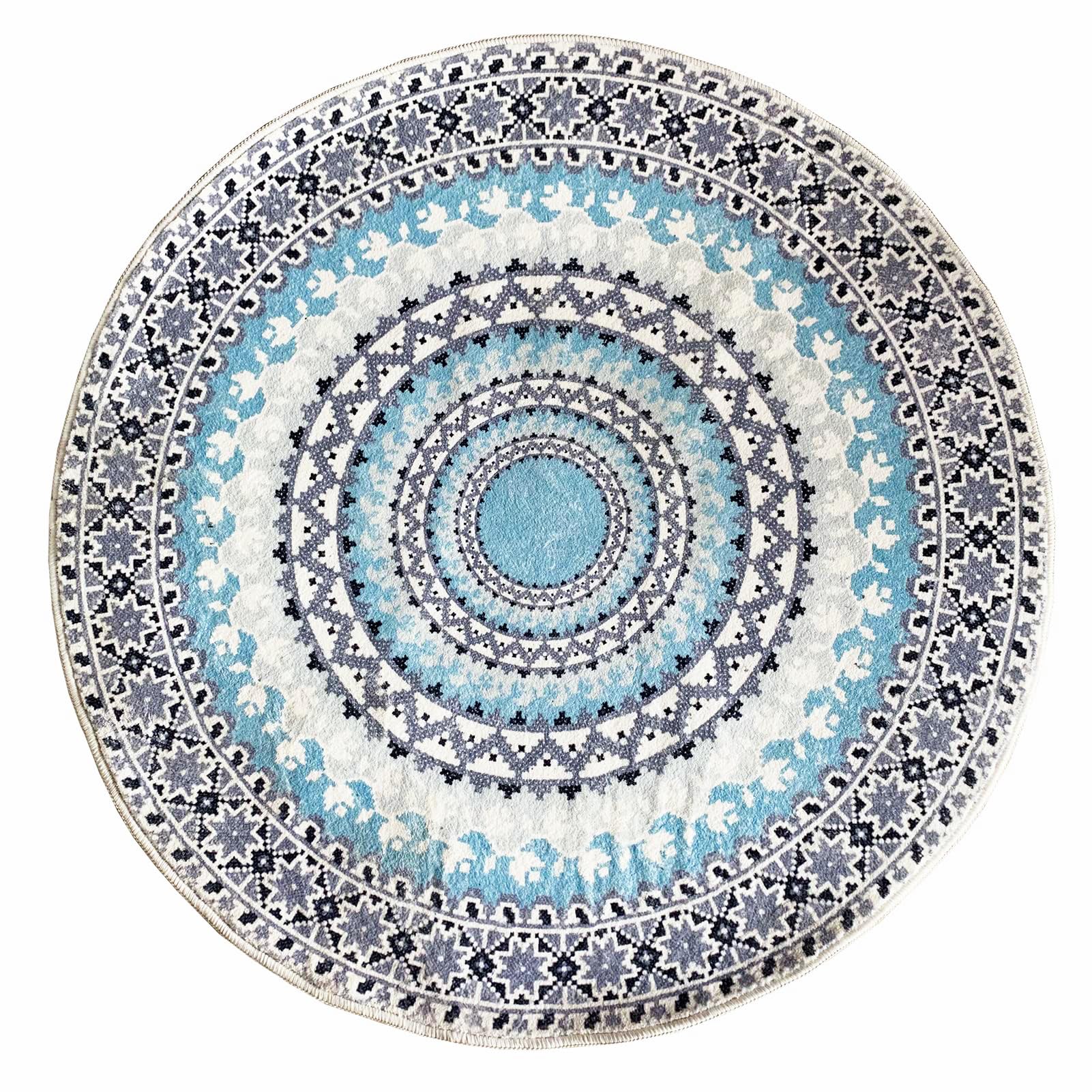 Faux Fur Boho Round Rug Round Area Rug Washable Rug Non-Slip Gray and Blue Small Round Rug Ultra Sofa Carpet for Living Dining Room Bedroom 3'x3'